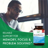 Brain Essence, etiqueta frontal, contiene bacopa y ashwagandha para bienestar mental
