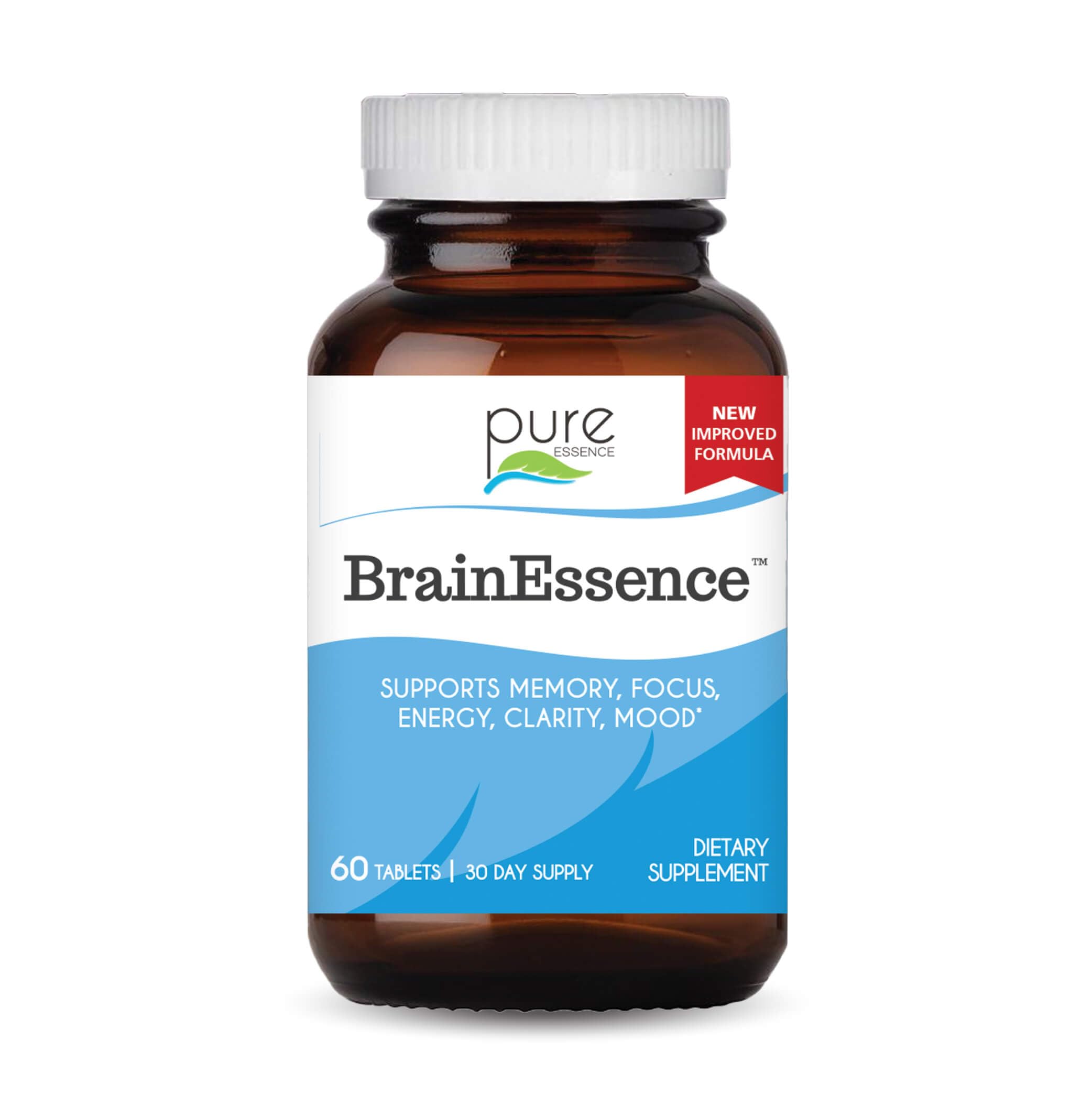 Brain Essence de PURE ESSENCE LABS, tabletas en primer plano para memoria y enfoque