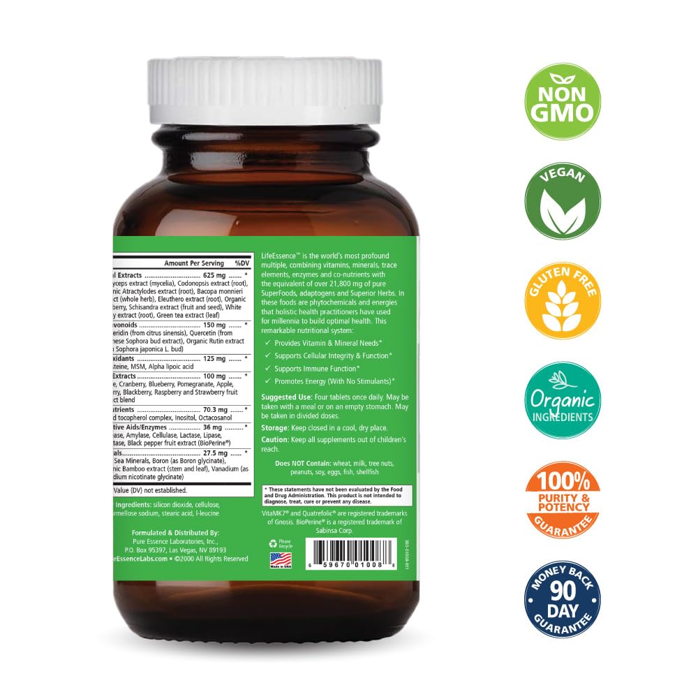 LifeEssence de Pure Essence Labs, etiqueta clara y beneficios de ingredientes vegetales.