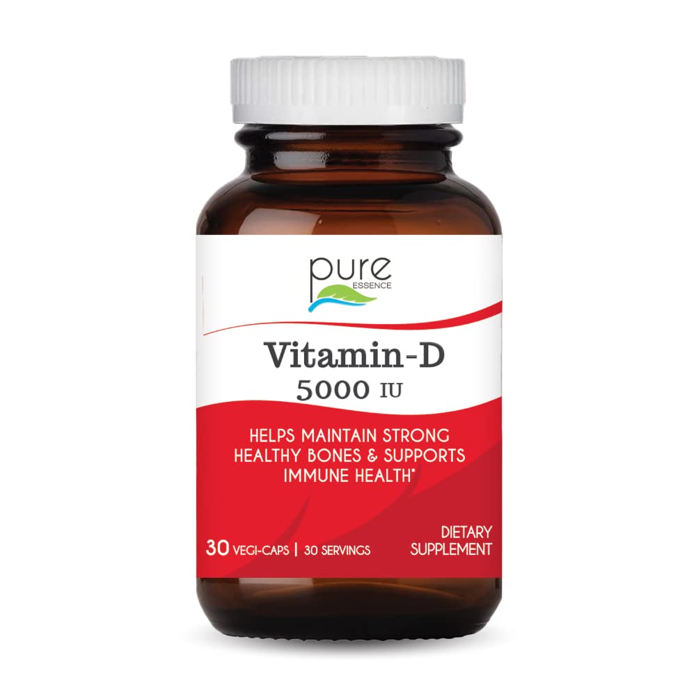 Frasco de Pure Essence Labs Vitamina D 5000 UI para apoyo diario.