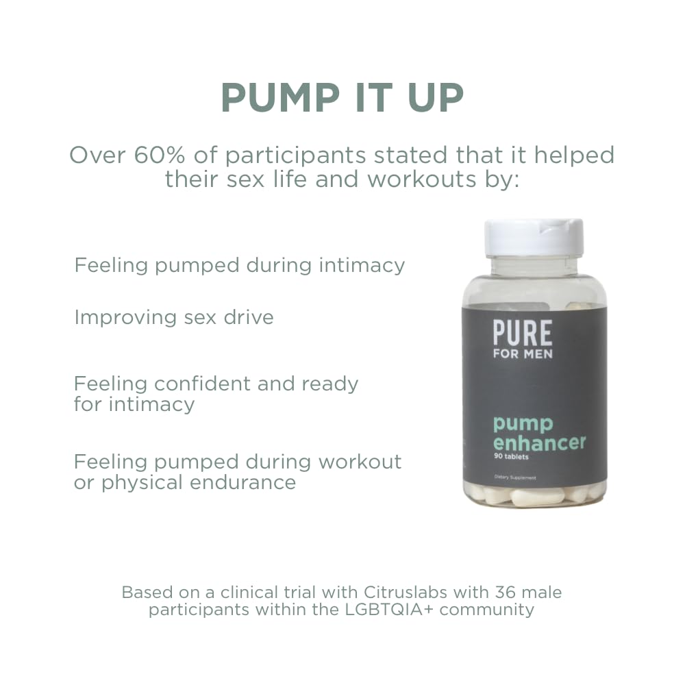 Pure for Men Pump Enhancer, detalle de dosis, muestra mezcla de L-Arginina y L-Citrulina.