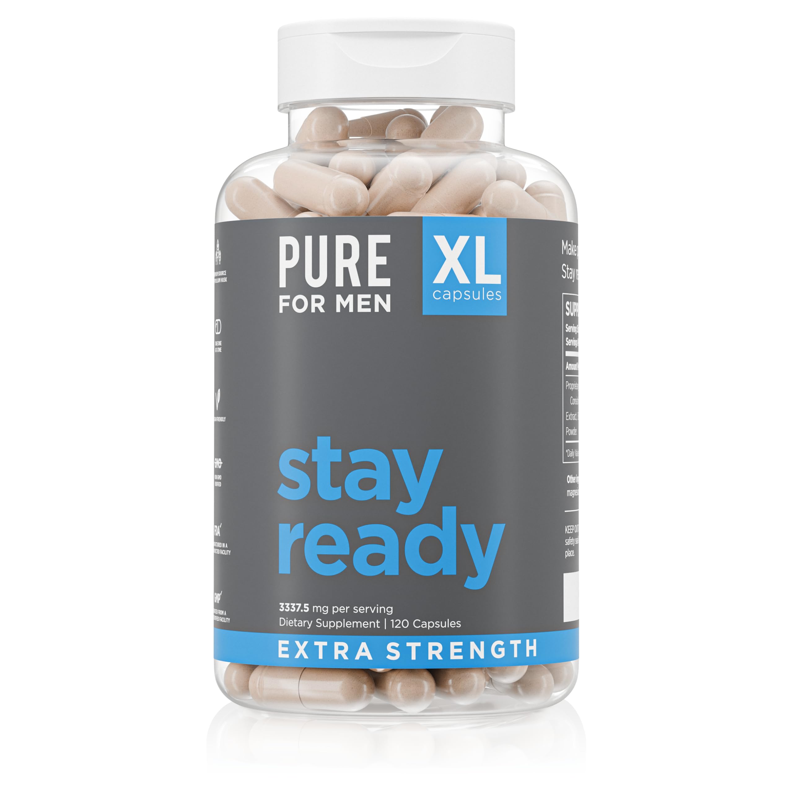 Pure for Men Stay Ready Fiber: botella vertiendo para consumo diario.