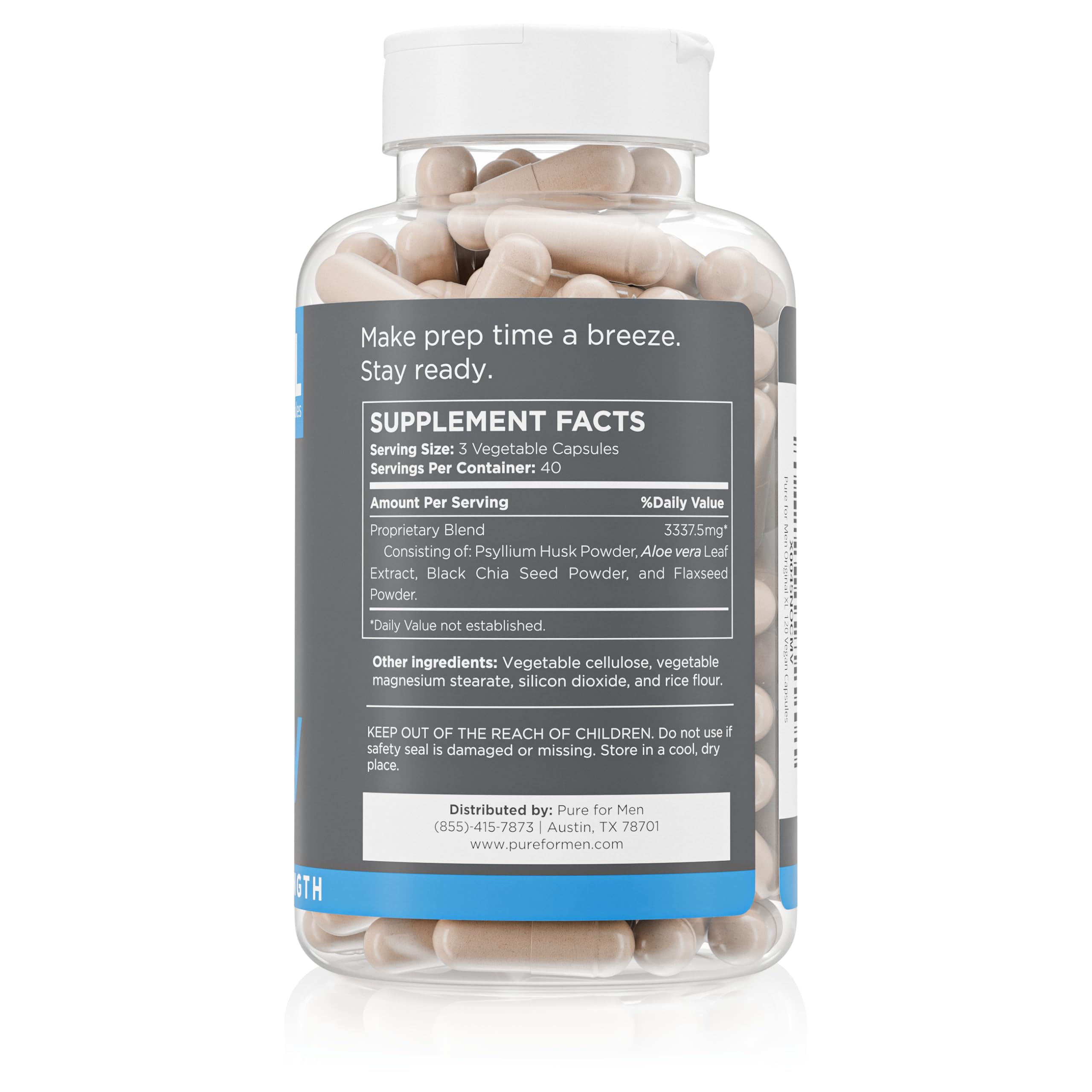 Pure for Men Stay Ready Fiber: etiqueta frontal destacando ingredientes vegetales.