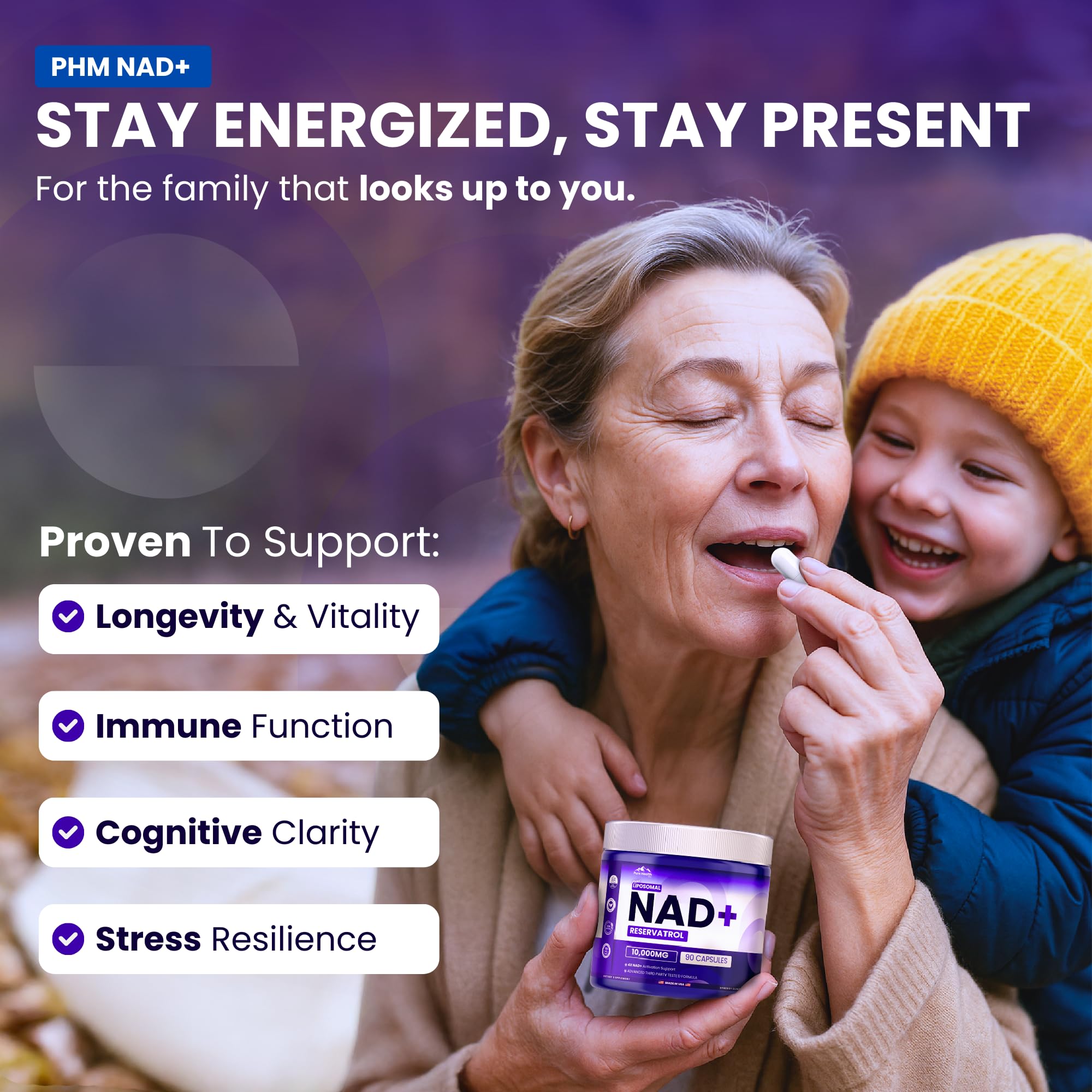 PURE HEALTH MAX PHM NAD Resveratrol componentes clave y perfil vegano para bienestar.