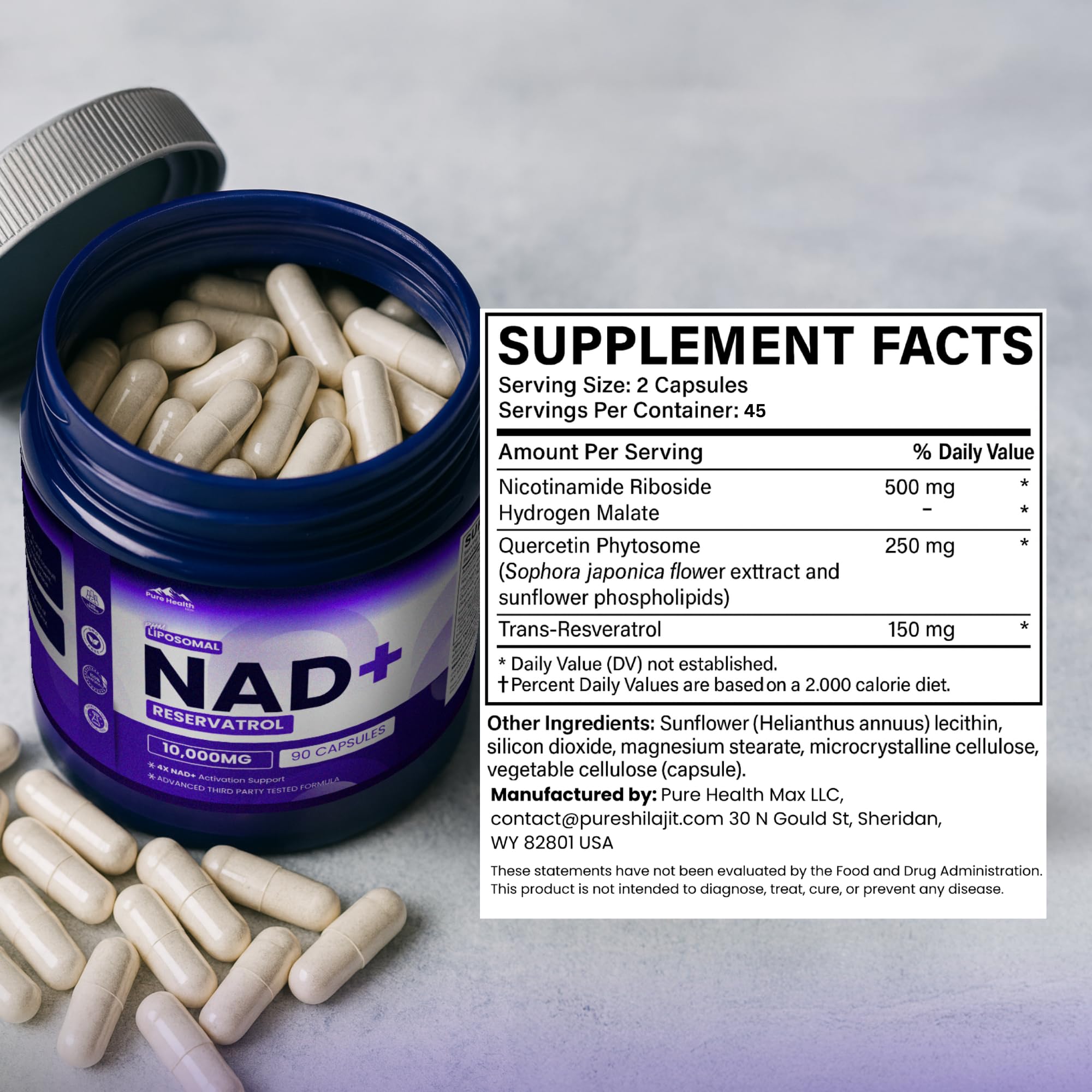 PURE HEALTH MAX PHM NAD Resveratrol empaque sostenible y práctico para casa.