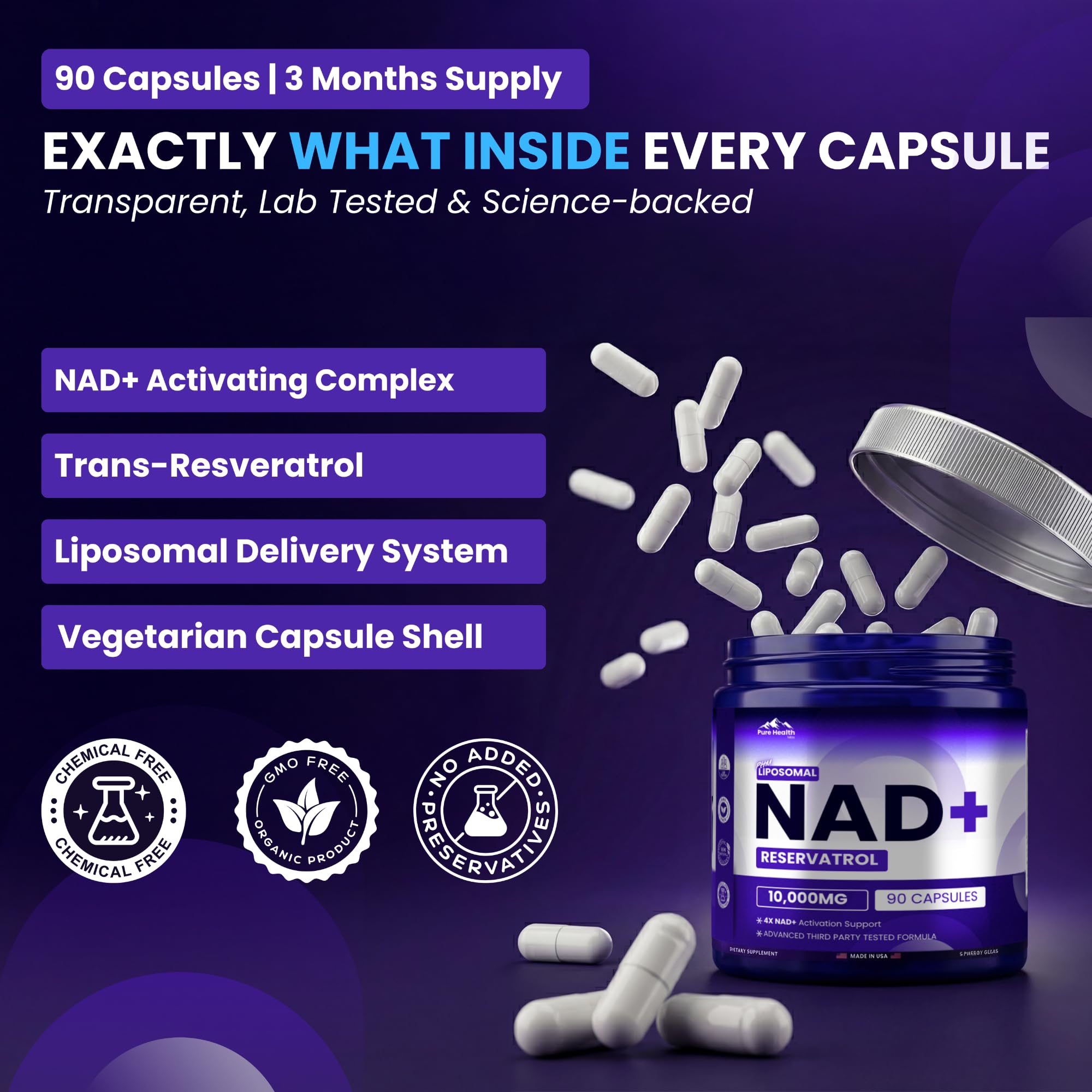PURE HEALTH MAX PHM NAD Resveratrol etiqueta nutricional visible para plan de suplementación.