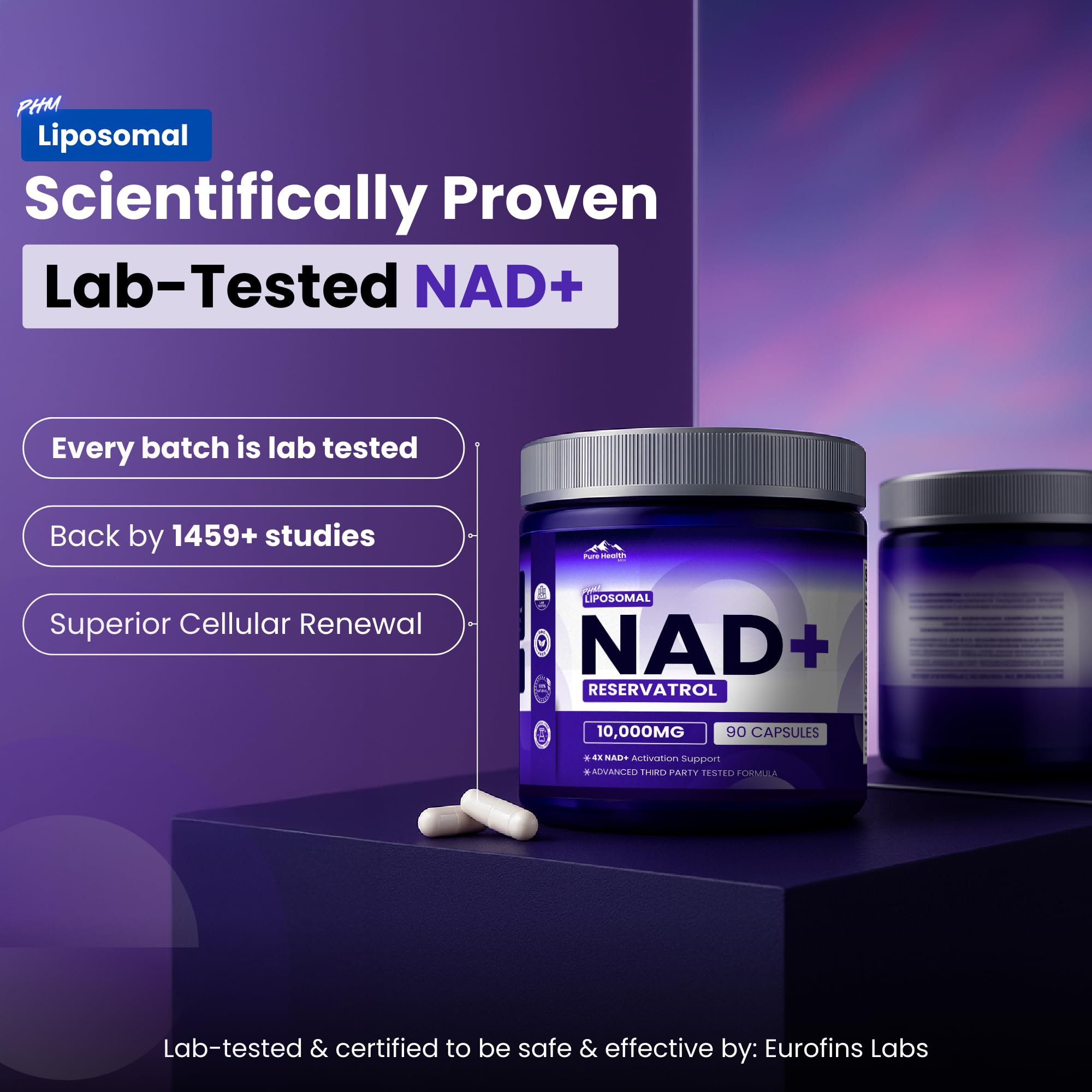 PURE HEALTH MAX PHM NAD Resveratrol frasco muestra entrega liposomales para absorción.