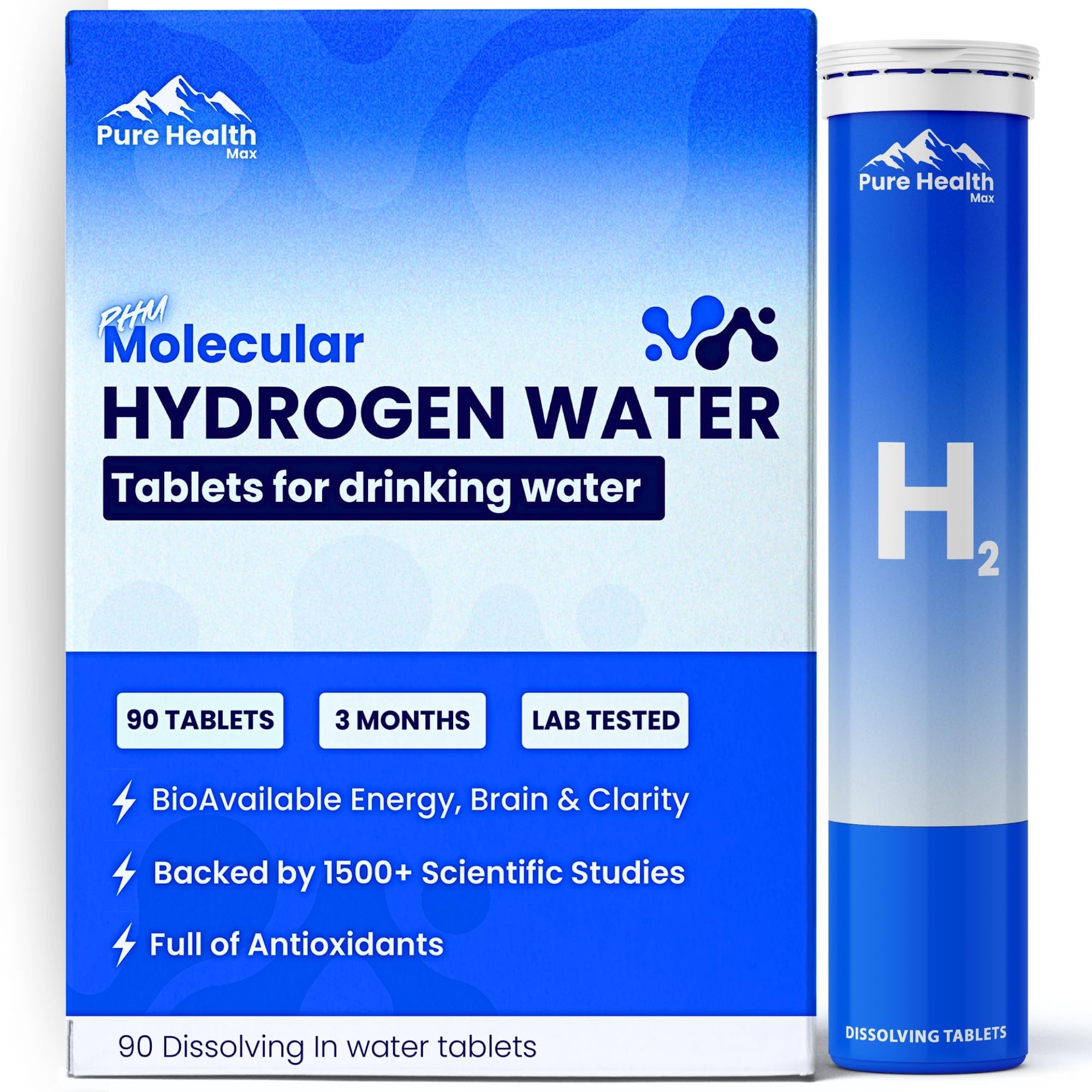PHM Pure Health Max tableta para agua con hidrógeno, mejora la hidratación diaria.