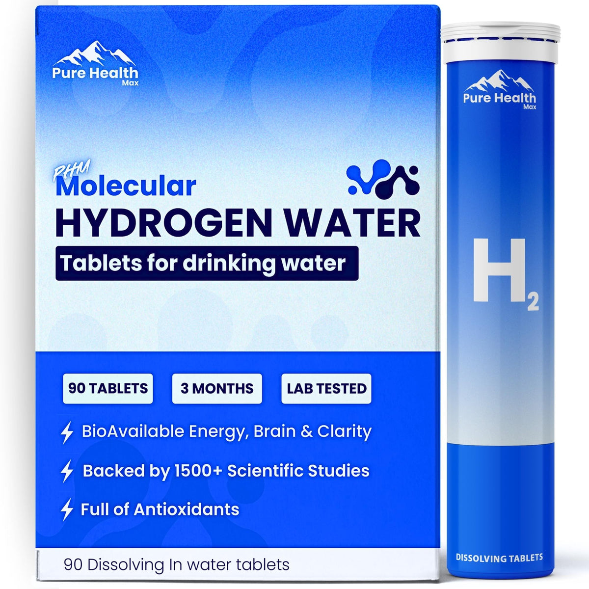 PHM Pure Health Max tableta para agua con hidrógeno, mejora la hidratación diaria.