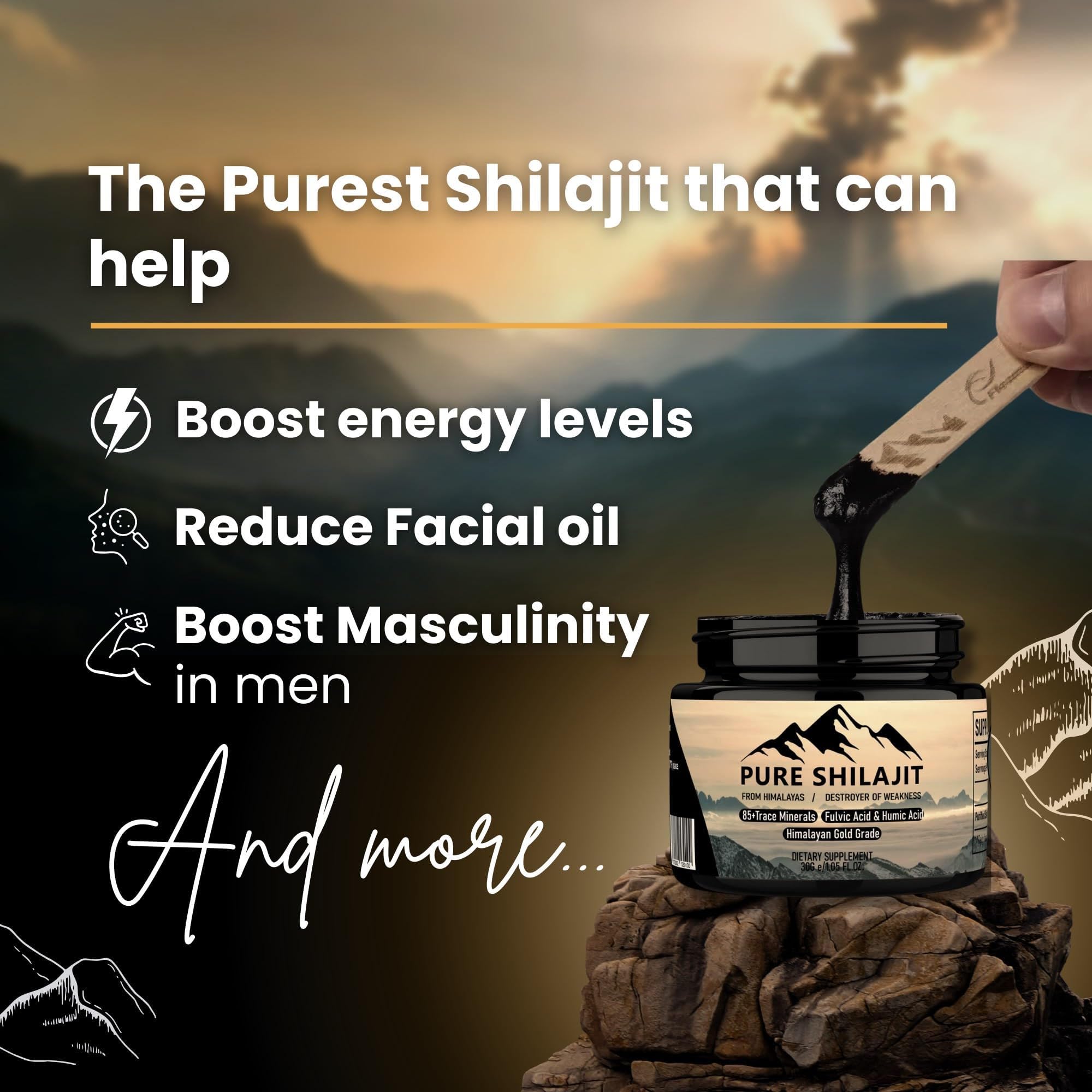 Pure Himalayan Shilajit a gran altitud: resina pura para bienestar diario.