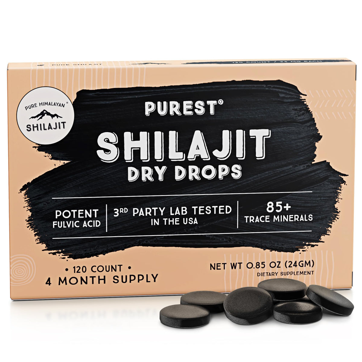 Pure Himalayan Shilajit Gotas Secas en envase compacto para energía diaria.