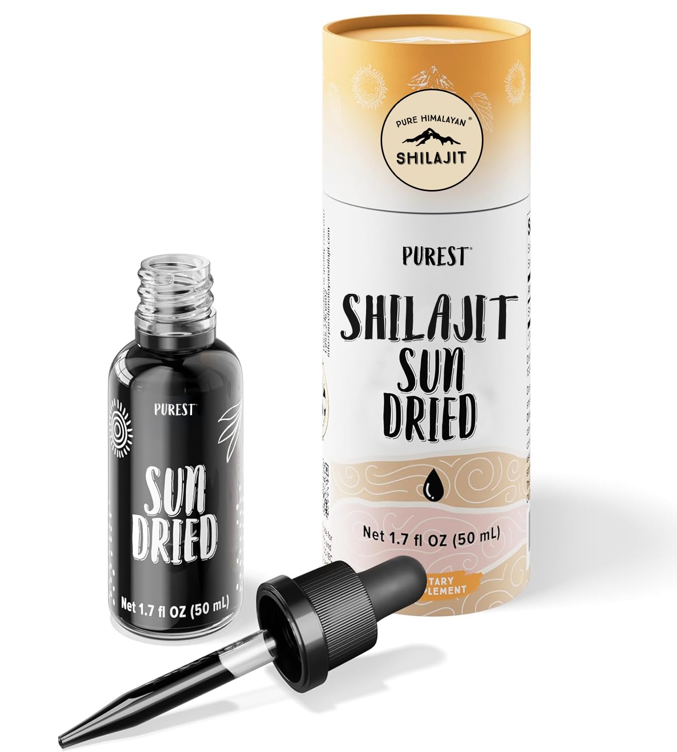 Pure Himalayan Shilajit en botella con gotas secas al sol para añadir a bebidas.