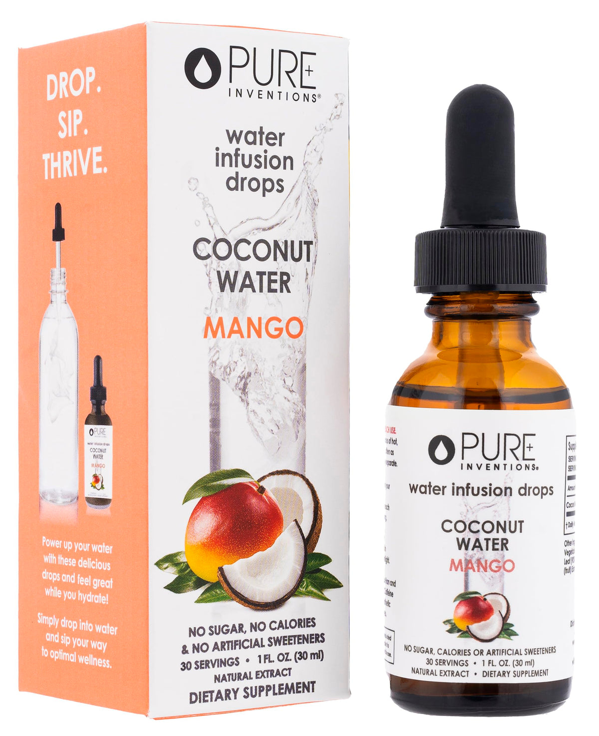 Gotas Pure Inventions en botella, infusión de coco para hidratación suave