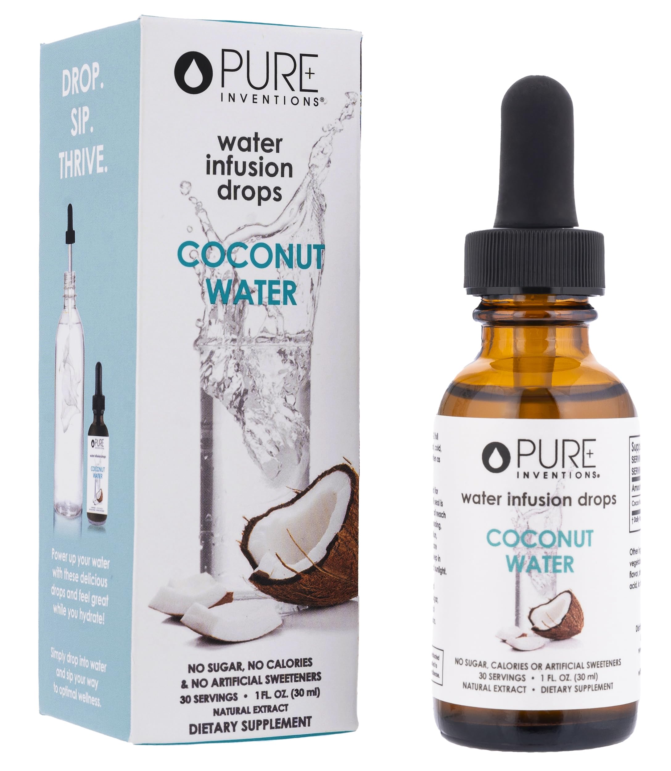 Pure Inventions gotas infusión coco en botella de vidrio para hidratación natural