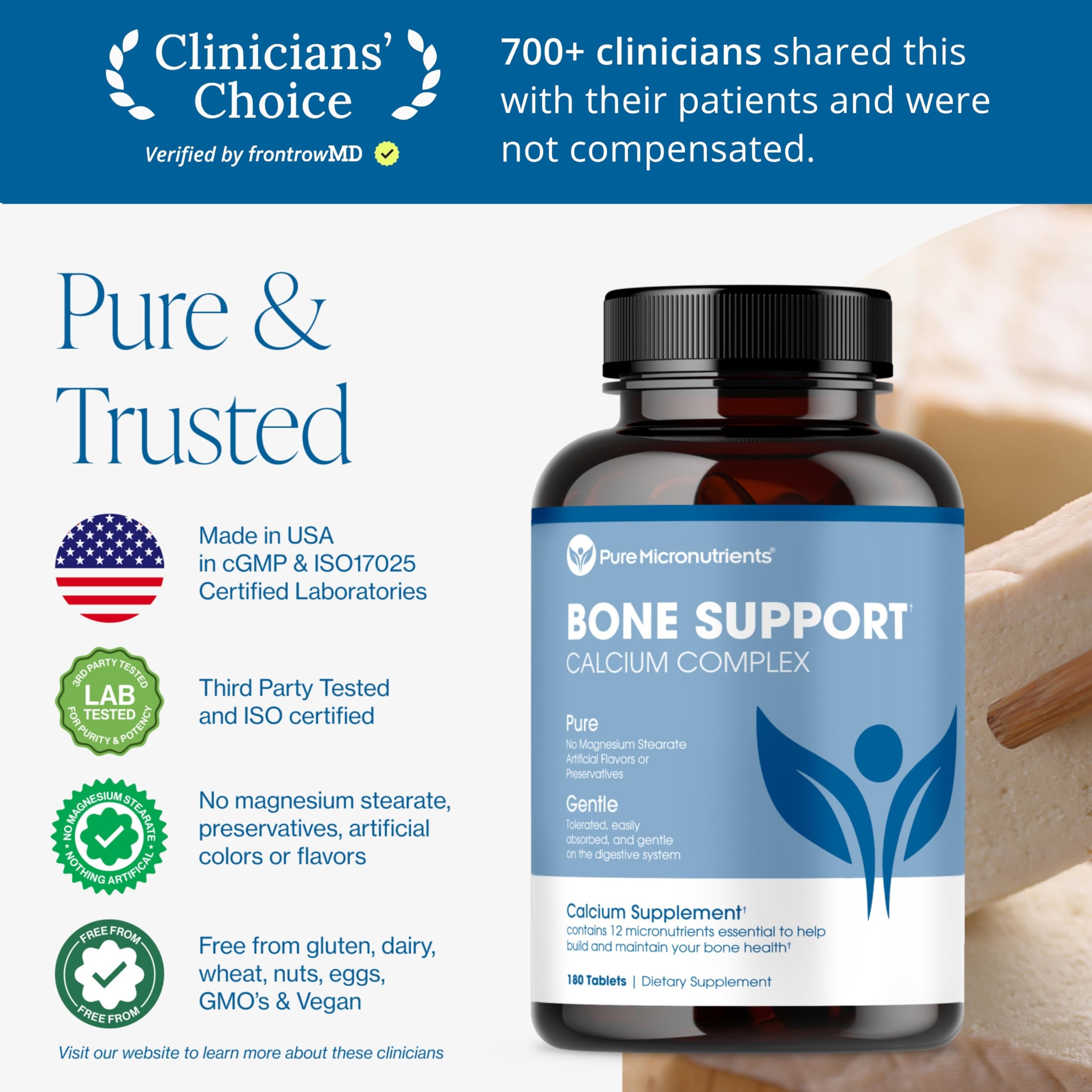 Pure Micronutrients Calcium: tabletas con dosificación clara para ingesta equilibrada diurna.