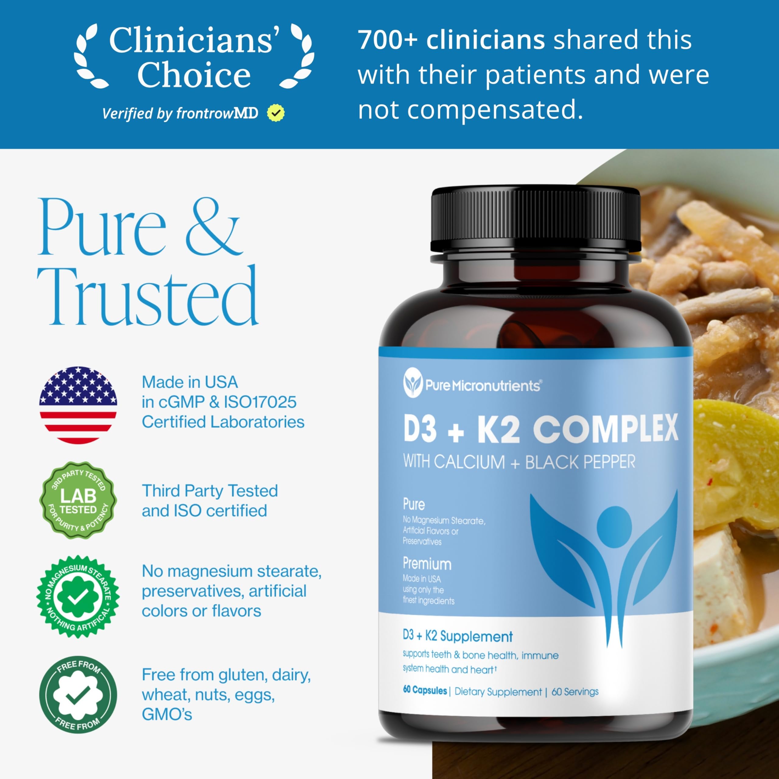 Pure Micronutrients empaque describe beneficios para huesos y energía.