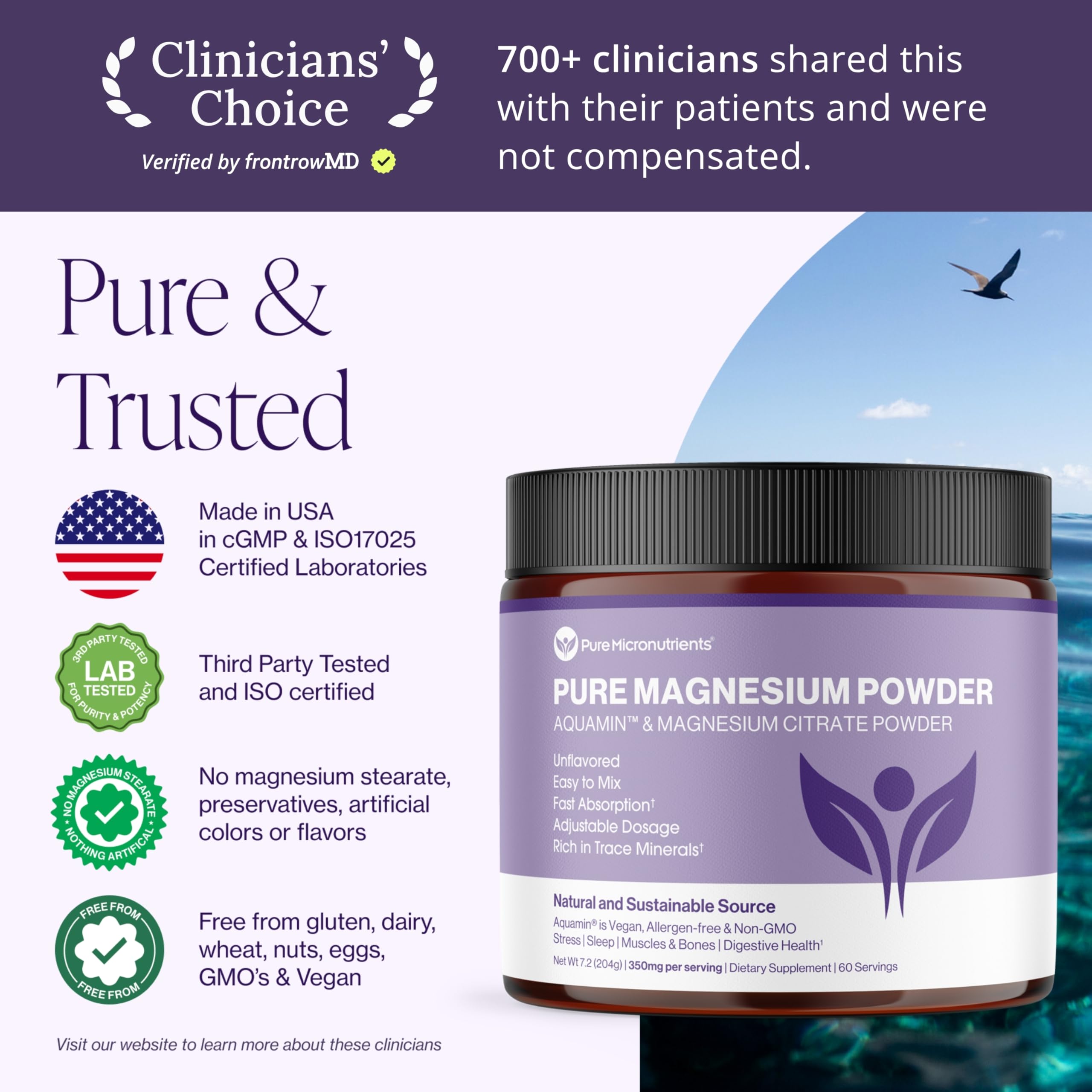 Pure Micronutrients Magnesio Citrato, envase de 60 porciones fácil de usar