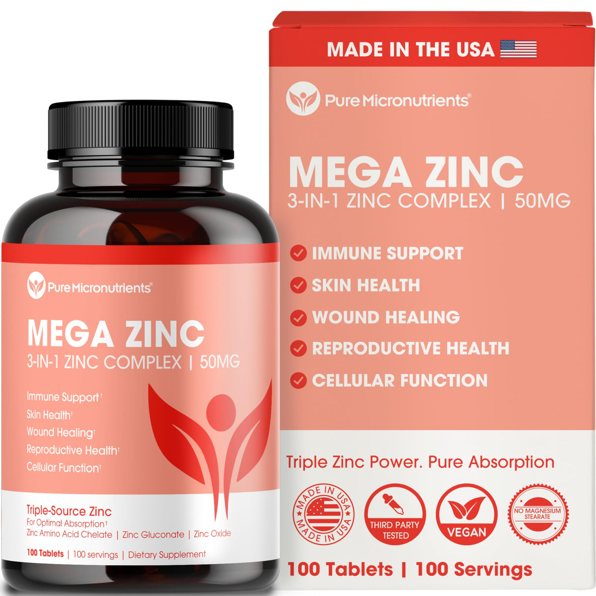 Pure Micronutrients Mega Zinc, caja de 50 mg para uso diario y práctico.
