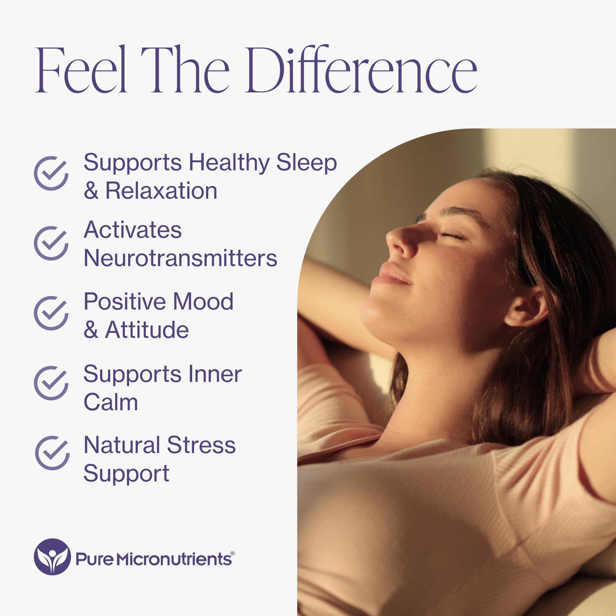 Pure Micronutrients botellas de 5-HTP GABA para relajación nocturna y ánimo estable.