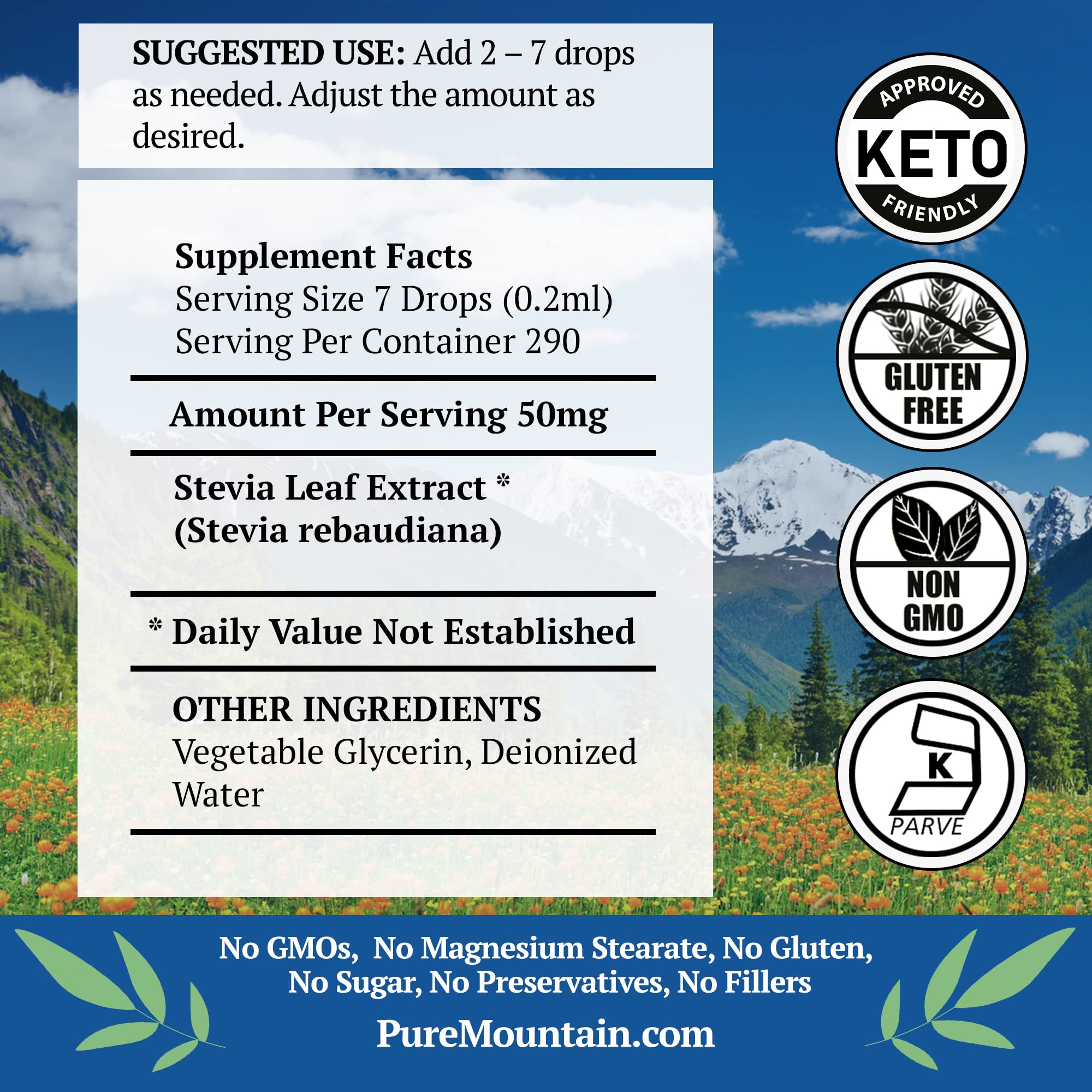 Gotas de Stevia Pure Mountain Botanicals en té para endulzar con cero azúcar añadida.