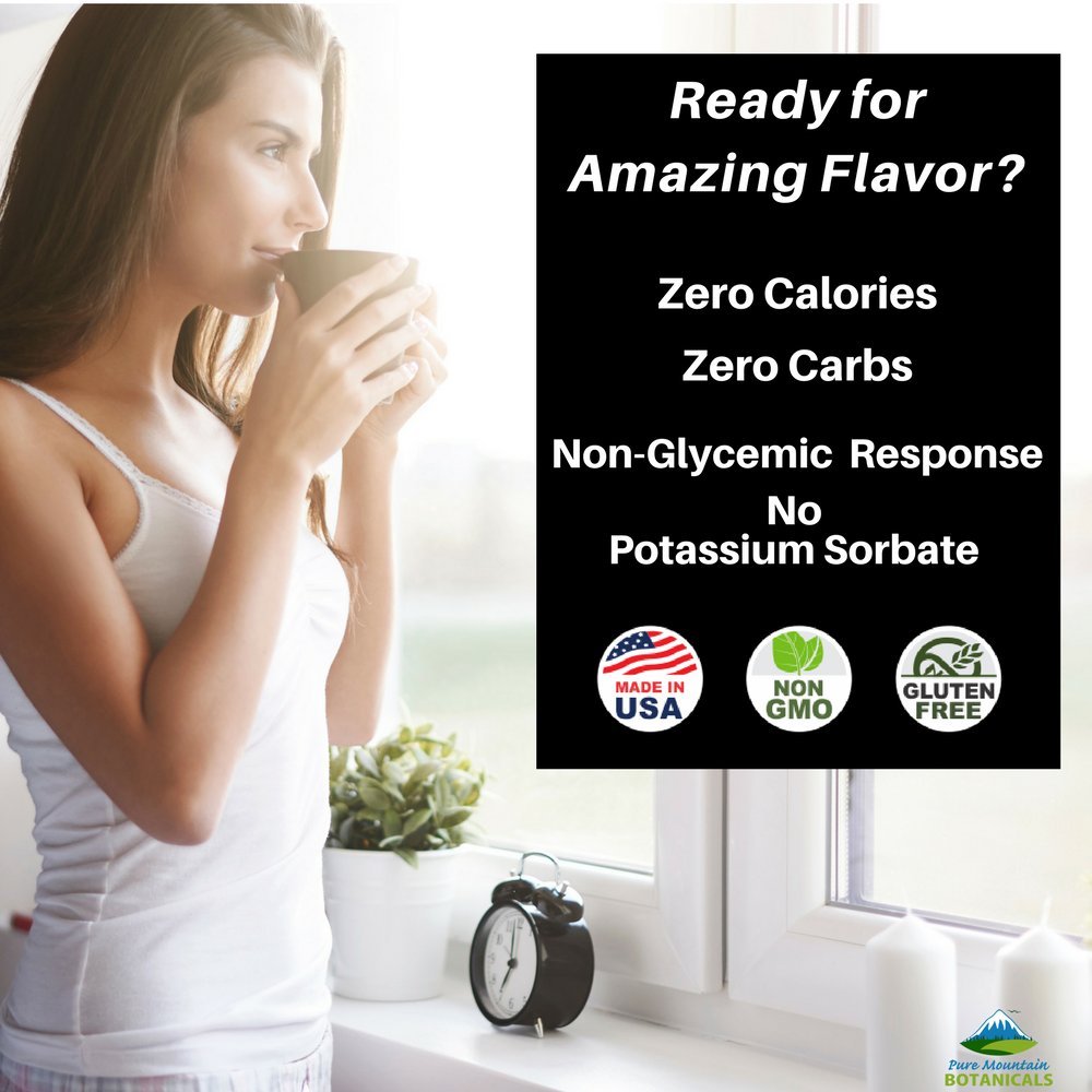 Pure Mountain Botanicals Gotas de Stevia, vertido en café, ofrece dulzura natural sin calorías.