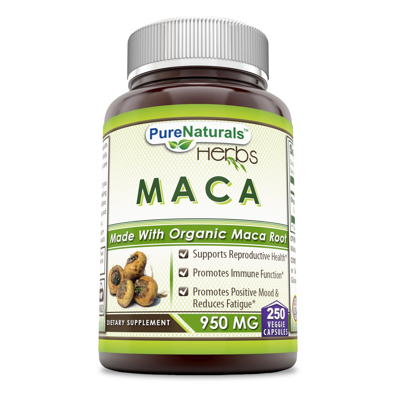 Pure Naturals Maca 950 mg en cápsulas para energía y equilibrio hormonal.