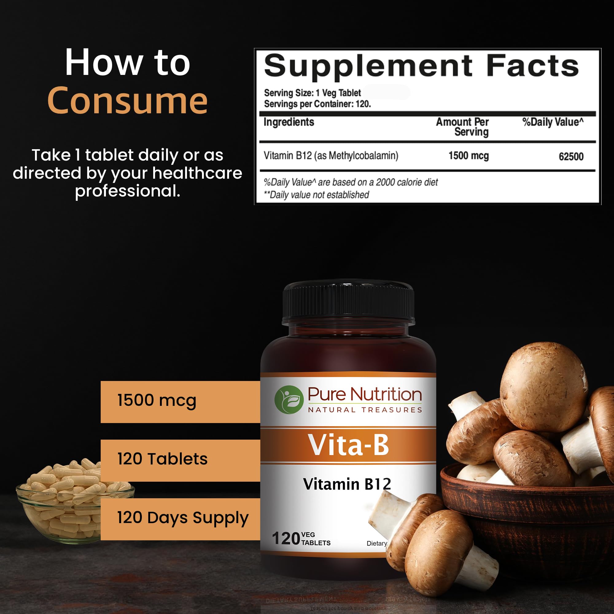 Envase de Pure Nutrition B12 con 120 tabletas para suministro prolongado.