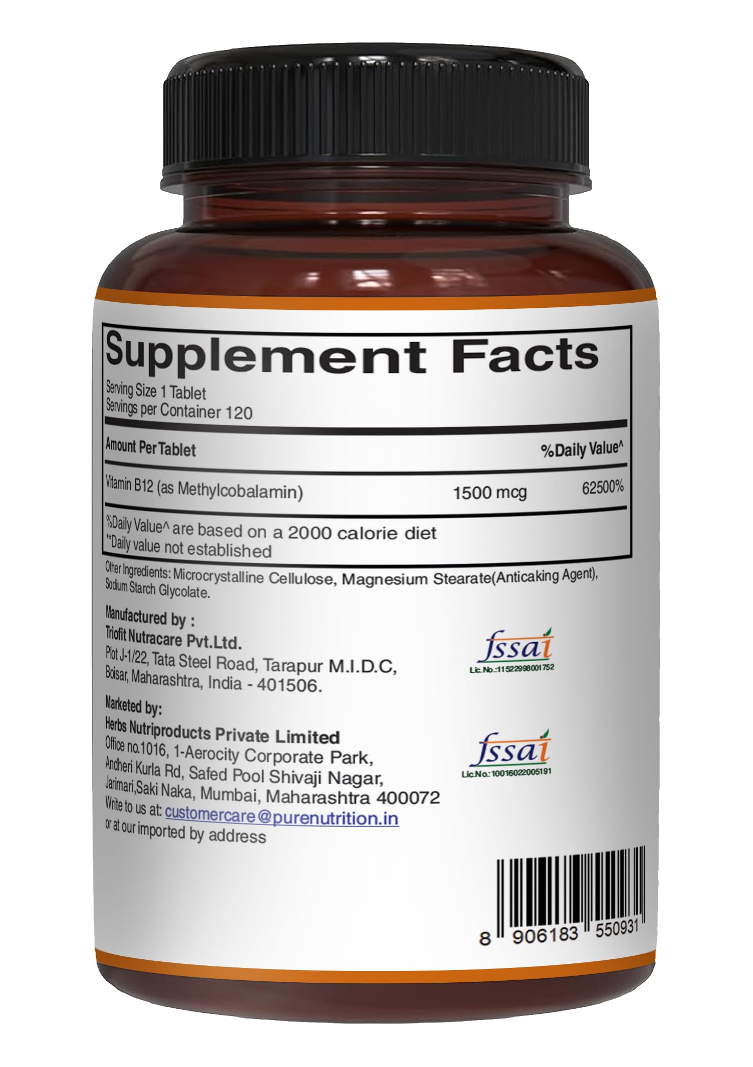 Tabletas de Pure Nutrition B12 para consumo diario.