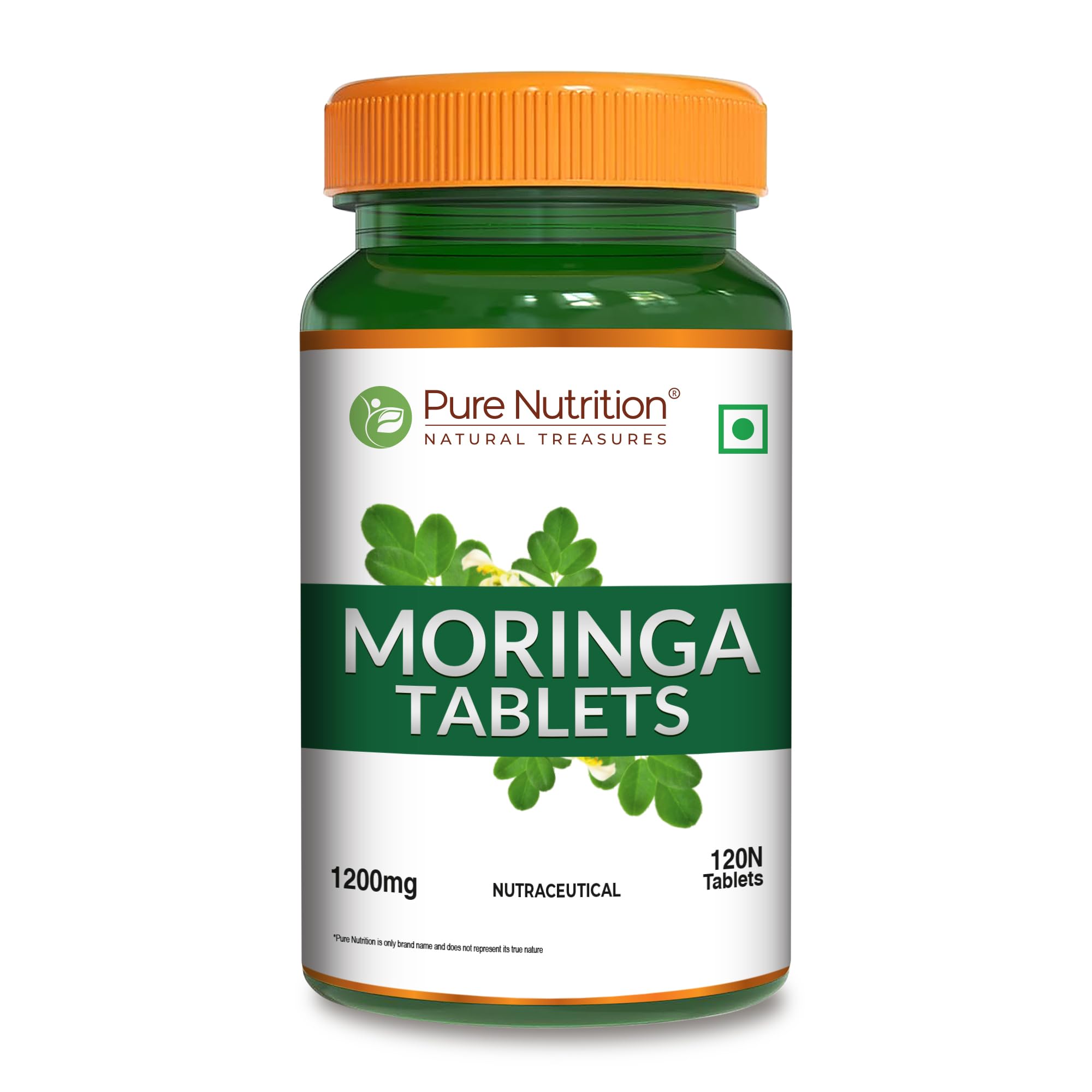Pure Nutrition Natural Treasures Moringa 1200mg, botella frontal, ideal para iniciar tu día con energía.