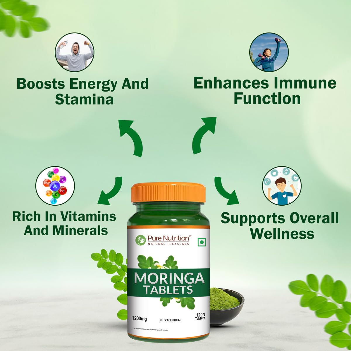 Pure Nutrition Moringa 1200mg, etiqueta detalle, destaca ingredientes naturales y antioxidantes.