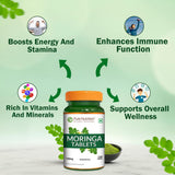Pure Nutrition Moringa 1200mg, etiqueta detalle, destaca ingredientes naturales y antioxidantes.