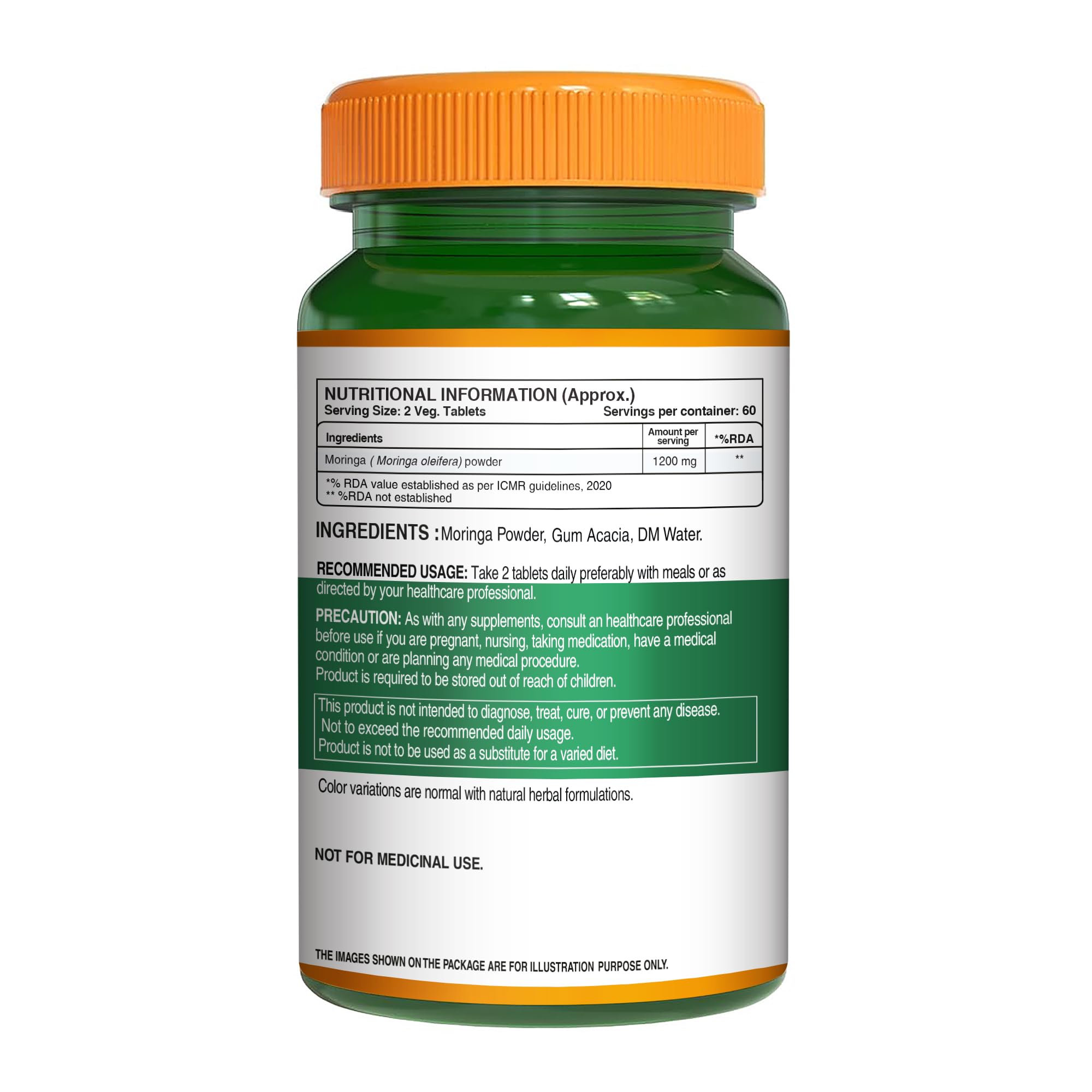 Pure Nutrition Moringa 1200mg, ingredientes clave como hierro y vitamina A presentes.