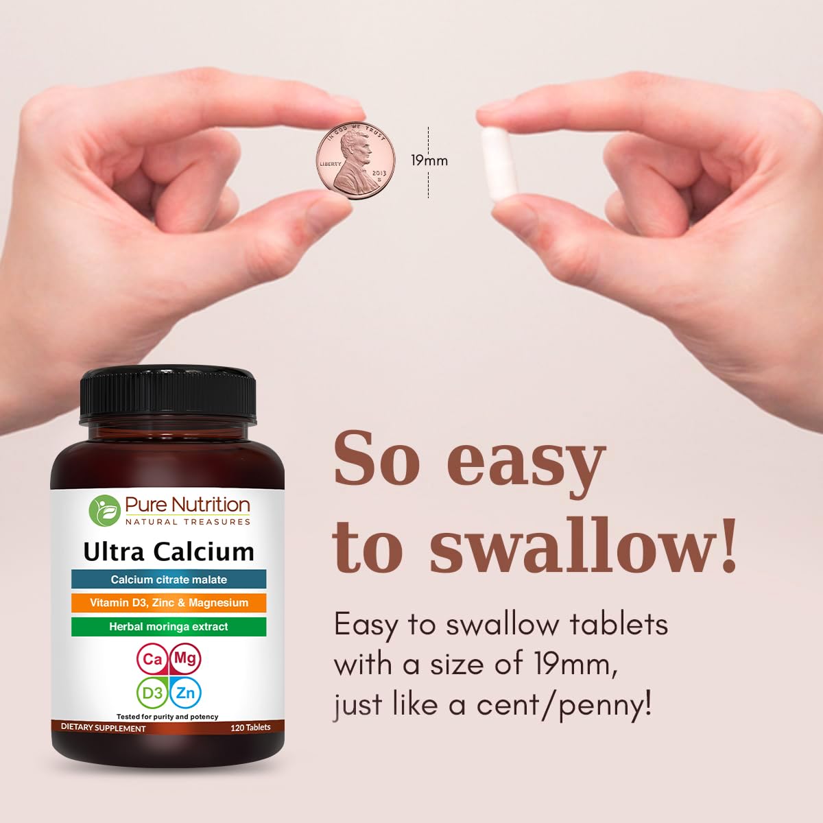 Tabletas Pure Nutrition Ultra Calcio con calcio citrato malato para mejor absorción.