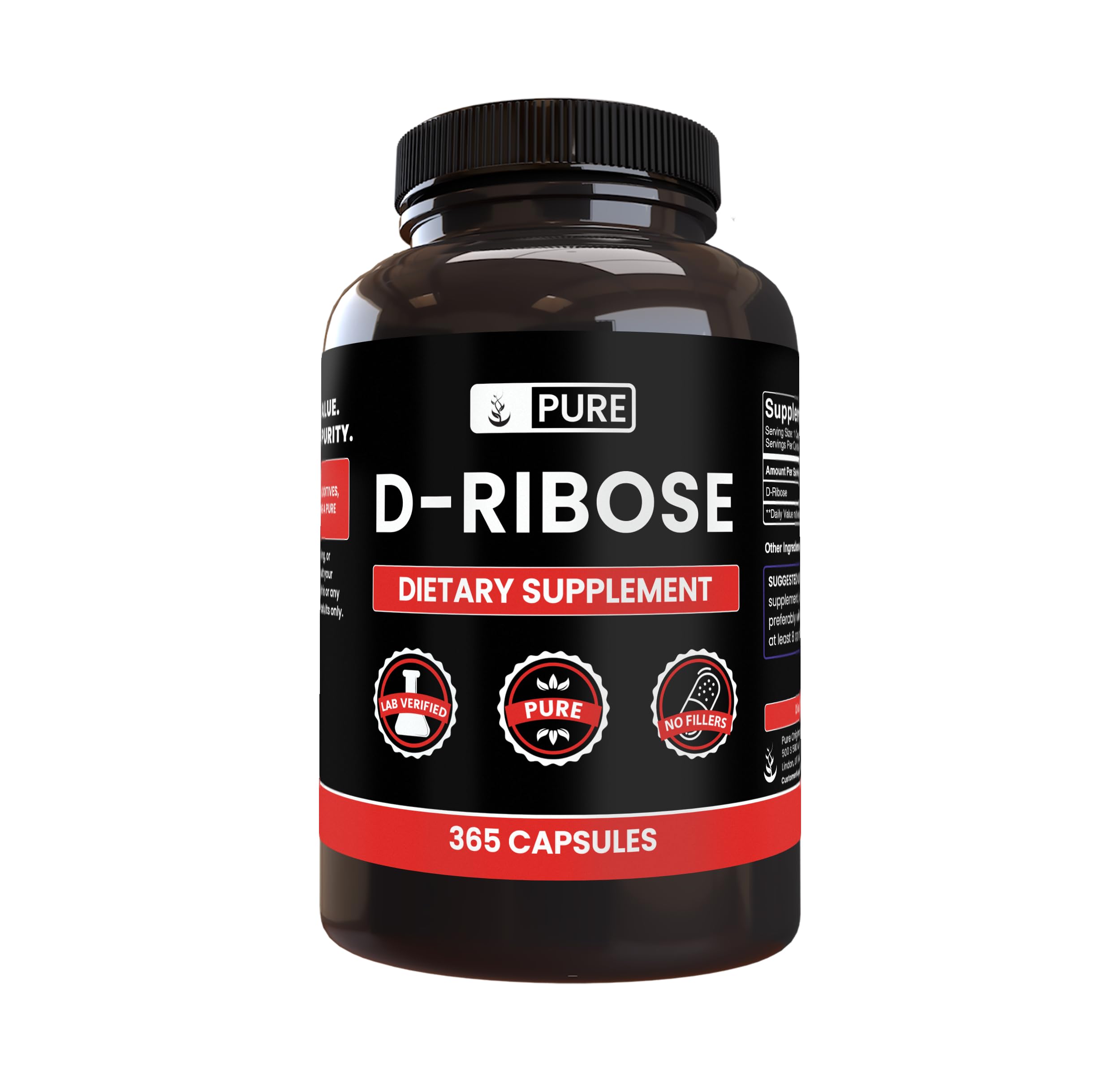 PURE ORIGINAL INGREDIENTS D-Ribose envase claro para uso diario sencillo y puro.