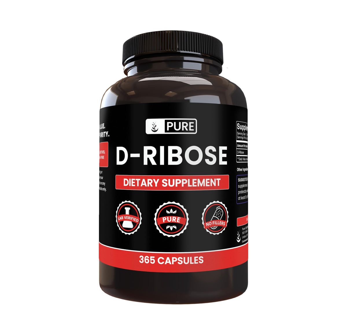 PURE ORIGINAL INGREDIENTS D-Ribose envase claro para uso diario sencillo y puro.