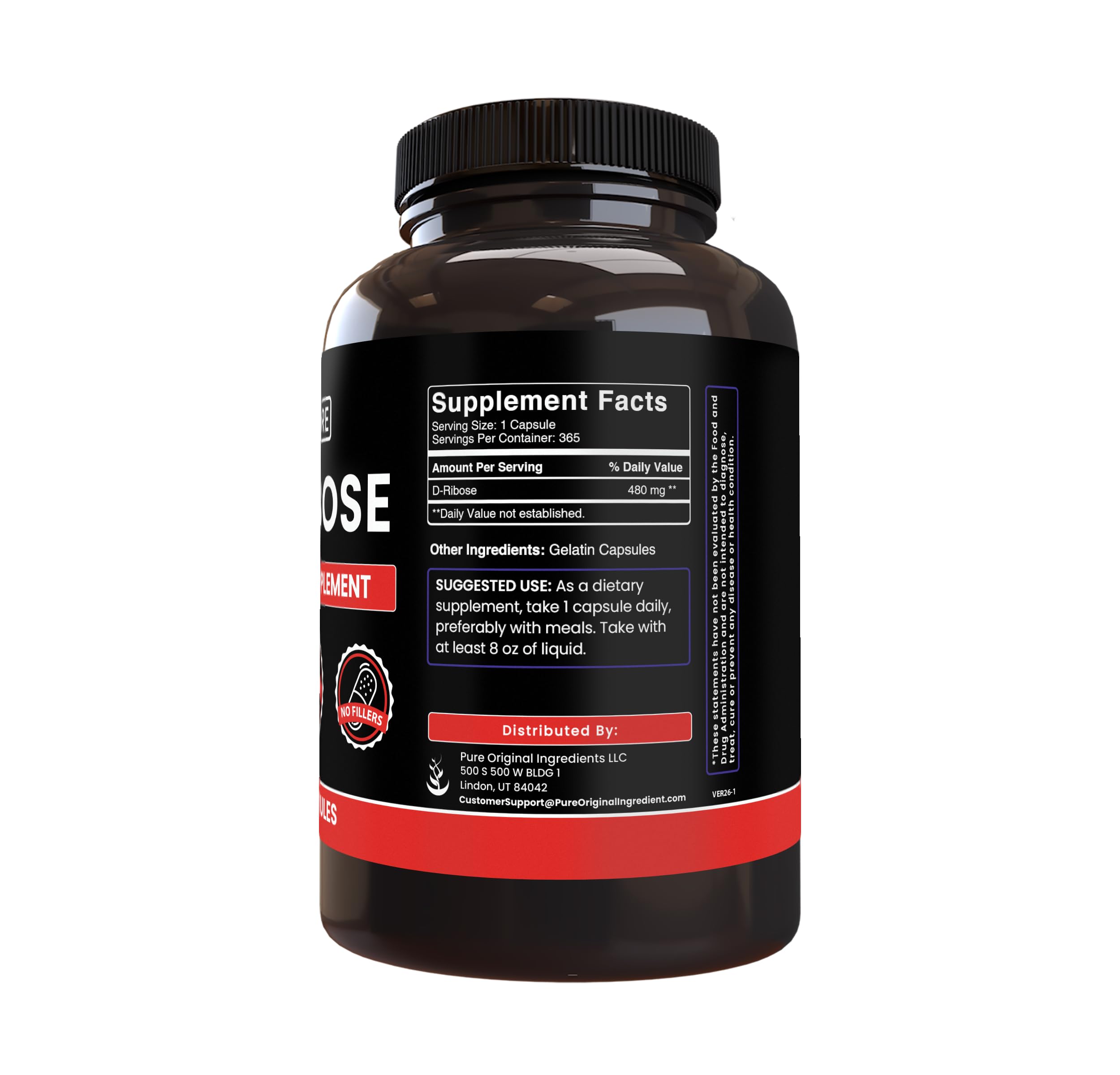PURE ORIGINAL INGREDIENTS D-Ribose cápsulas, etiqueta legible para confirmar pureza y contenido.