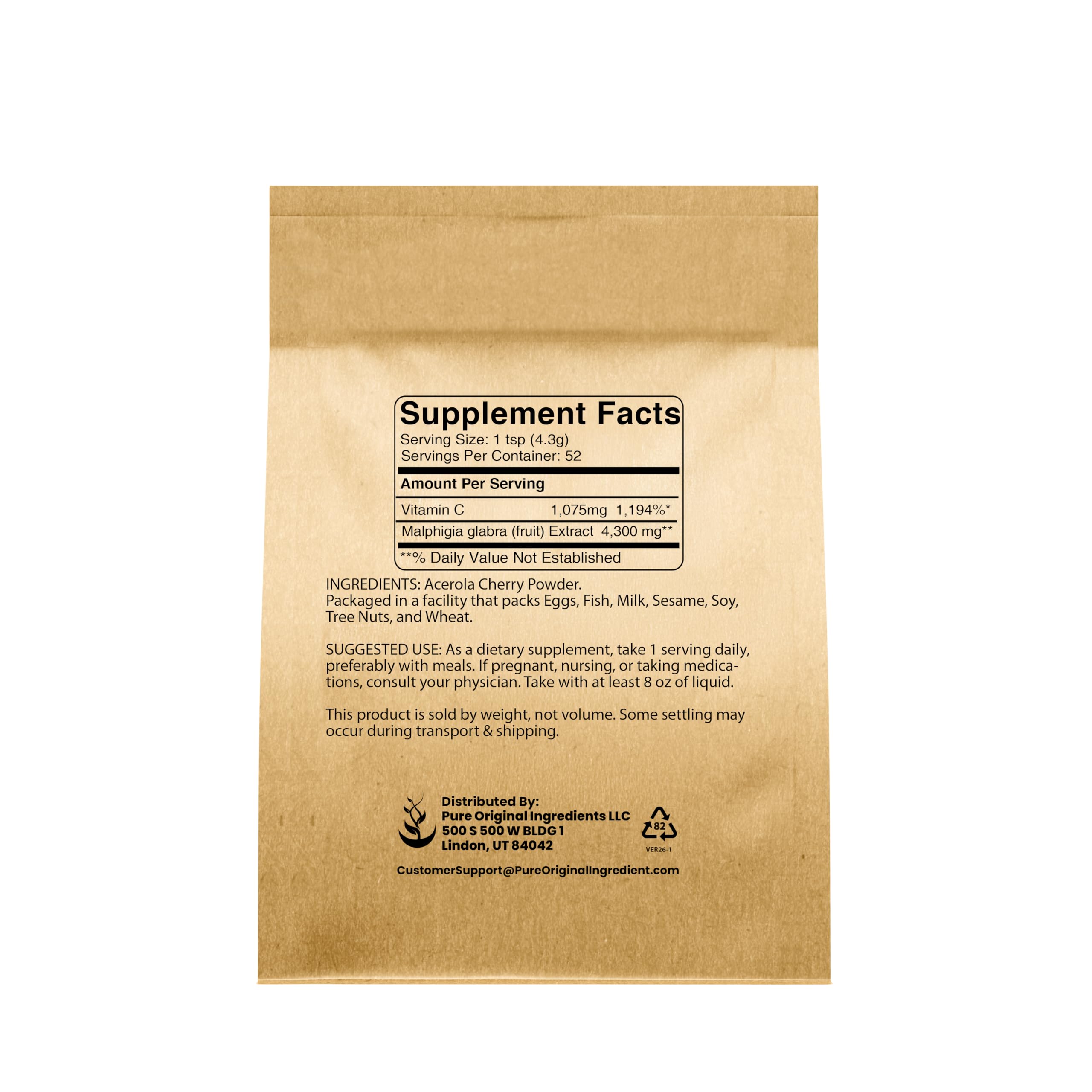 PURE ORIGINAL INGREDIENTS Acerola Powder etiqueta detallada que destaca la pureza del producto.