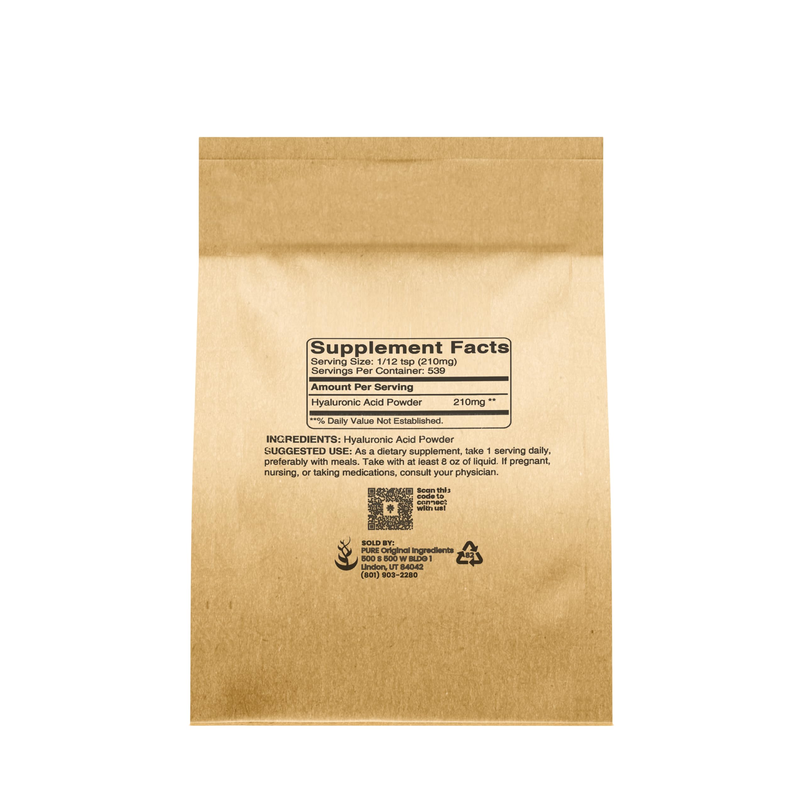 Pure Original Ingredients ácido hialurónico peso molecular alto, soporte estructural de la piel