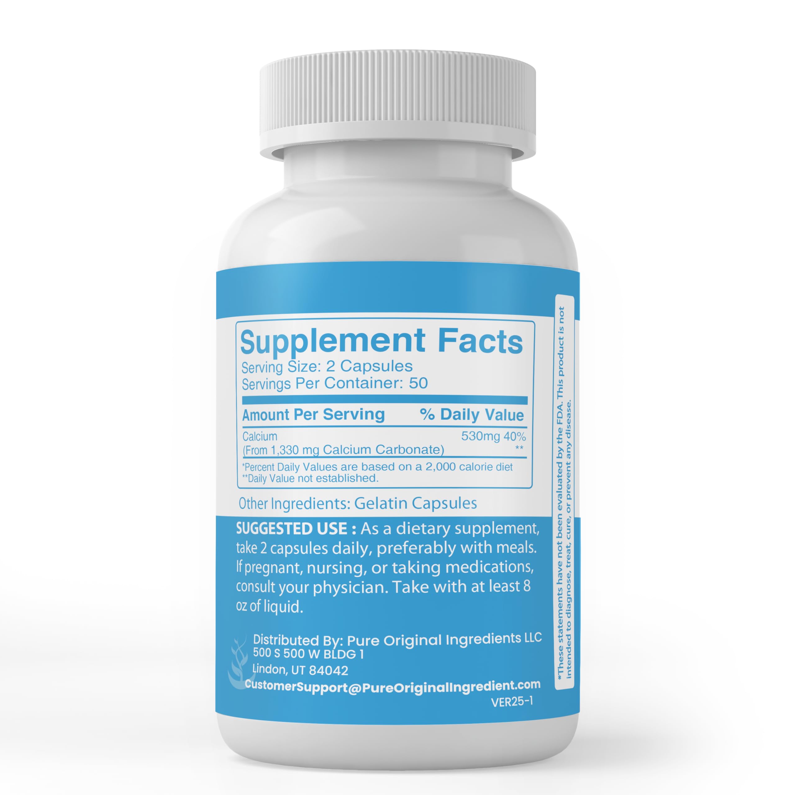 Pure Original Ingredients Calcium Carbonate bote 100 dosis, suministro práctico para meses