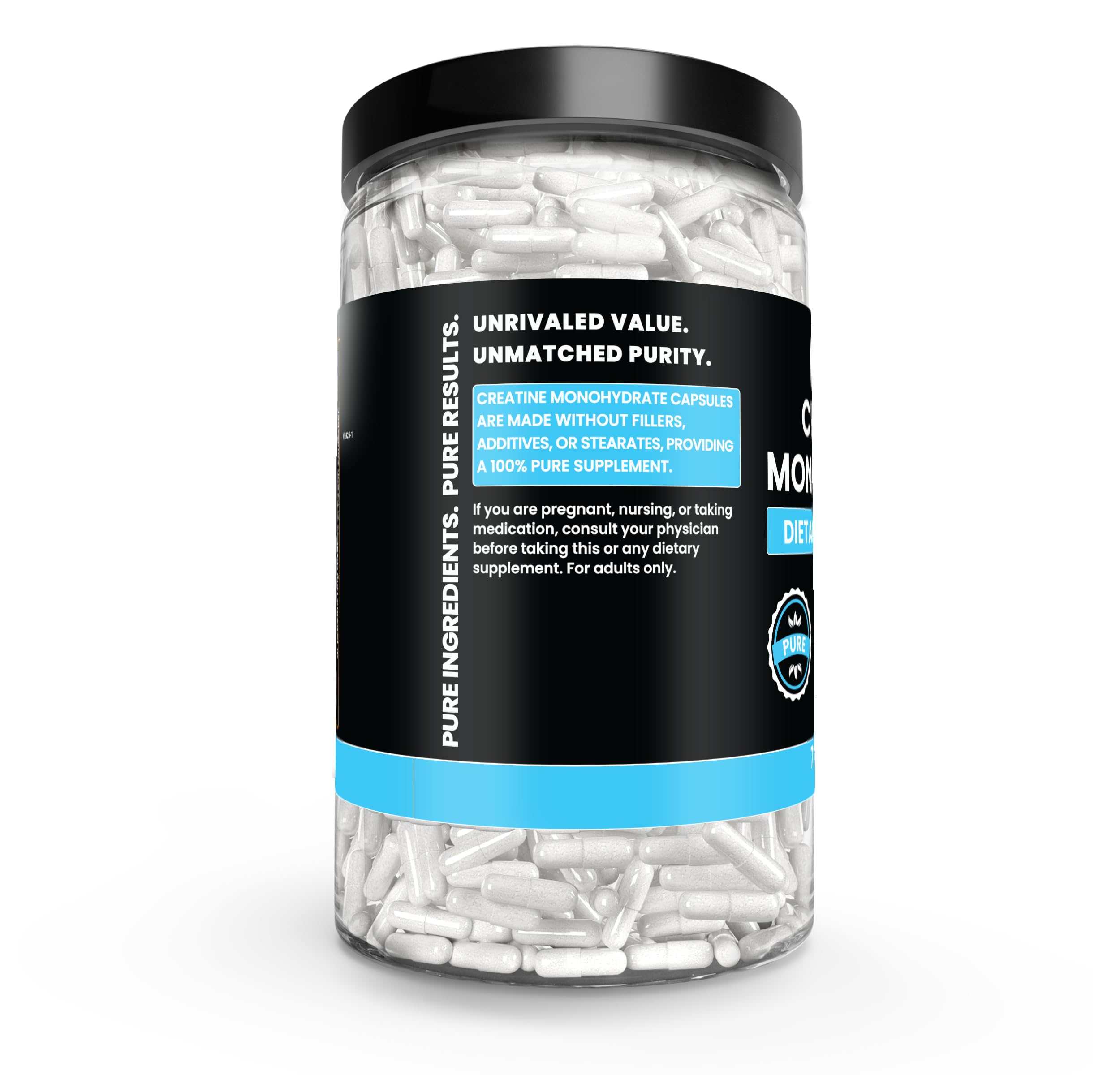 PURE ORIGINAL INGREDIENTS Creatina Monohidratada, primer plano de cápsulas, fácil de tragar para entrenamiento.