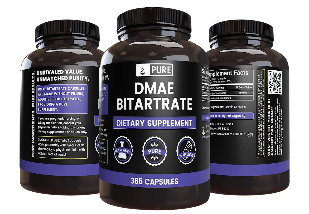 Envase de Pure Original Ingredients DMAE Bitartrato en estante, listo para almacenamiento seguro.
