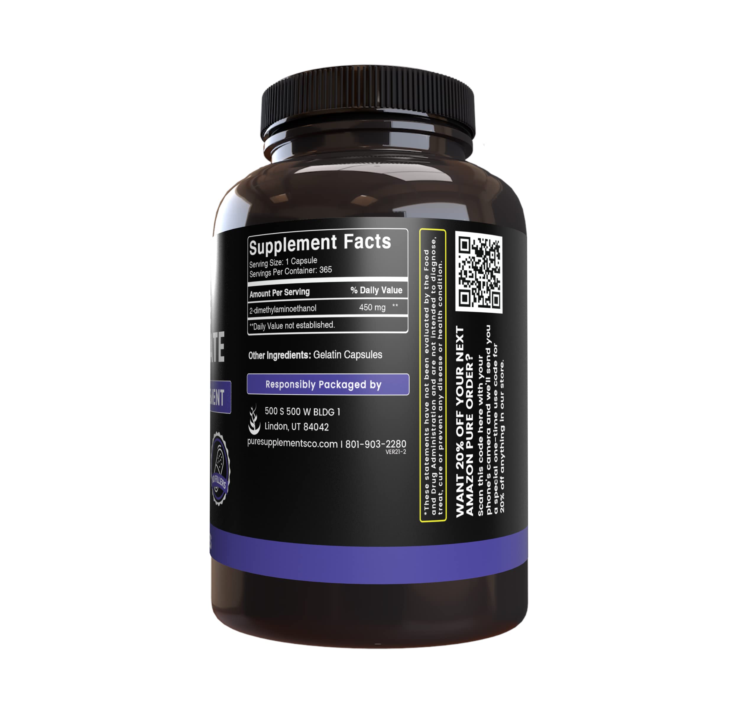 Etiqueta de Pure Original Ingredients DMAE Bitartrato muestra información clara y trazabilidad.