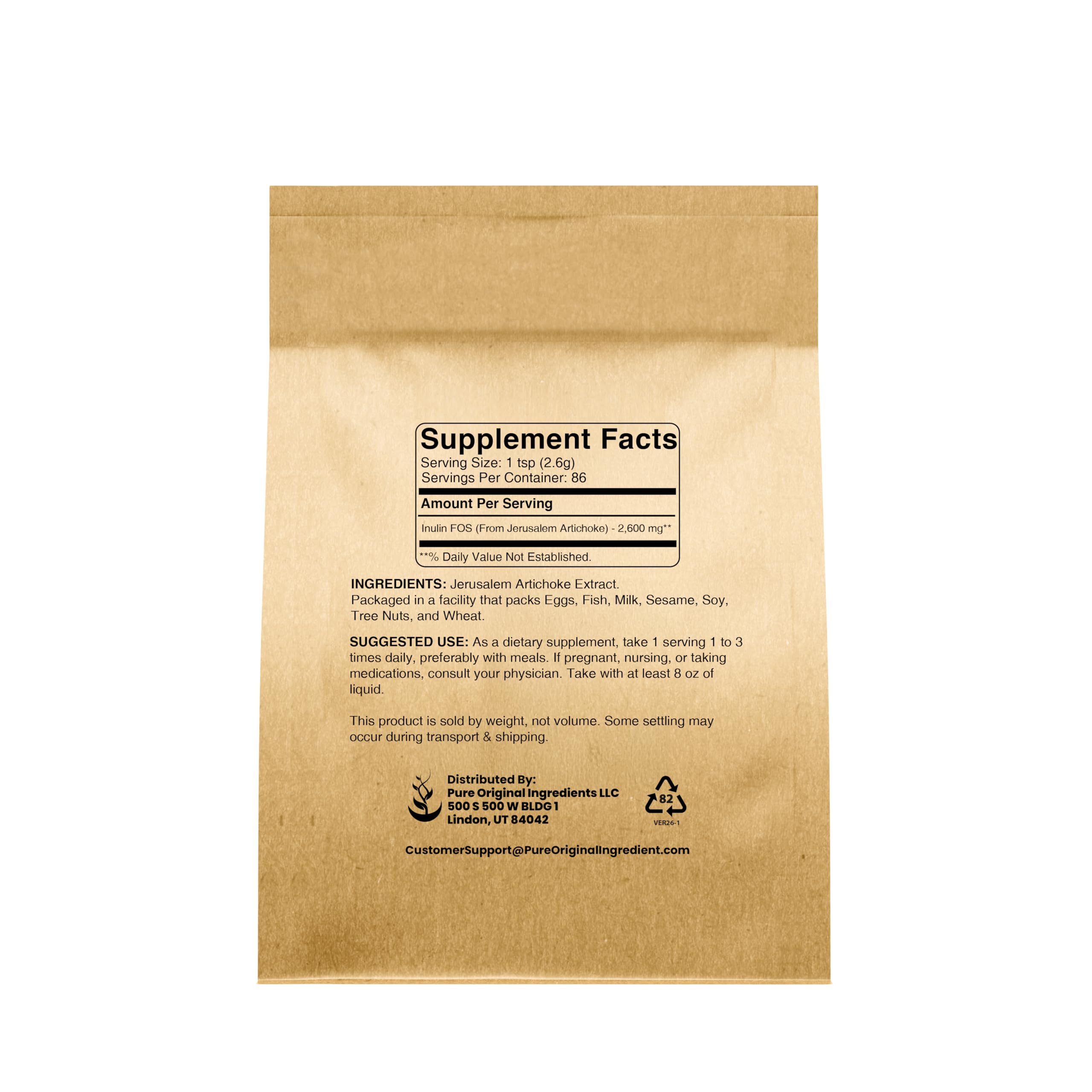 PURE ORIGINAL INGREDIENTS Inulin FOS etiqueta, producto puro y sin aditivos.