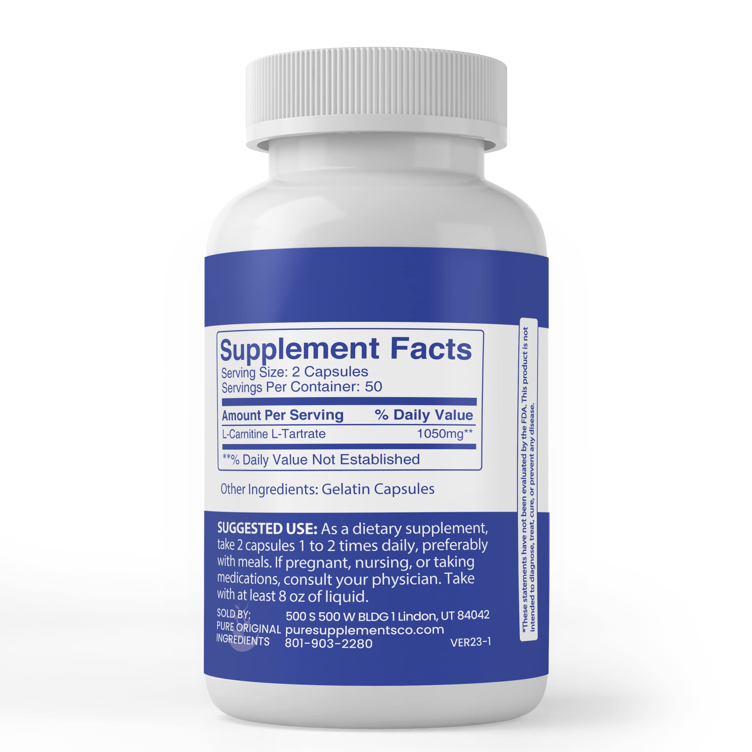 Pure Original Ingredients L-Carnitina L-Tartrato, etiqueta muestra fuente sintética de L-Carnitina de alta pureza.