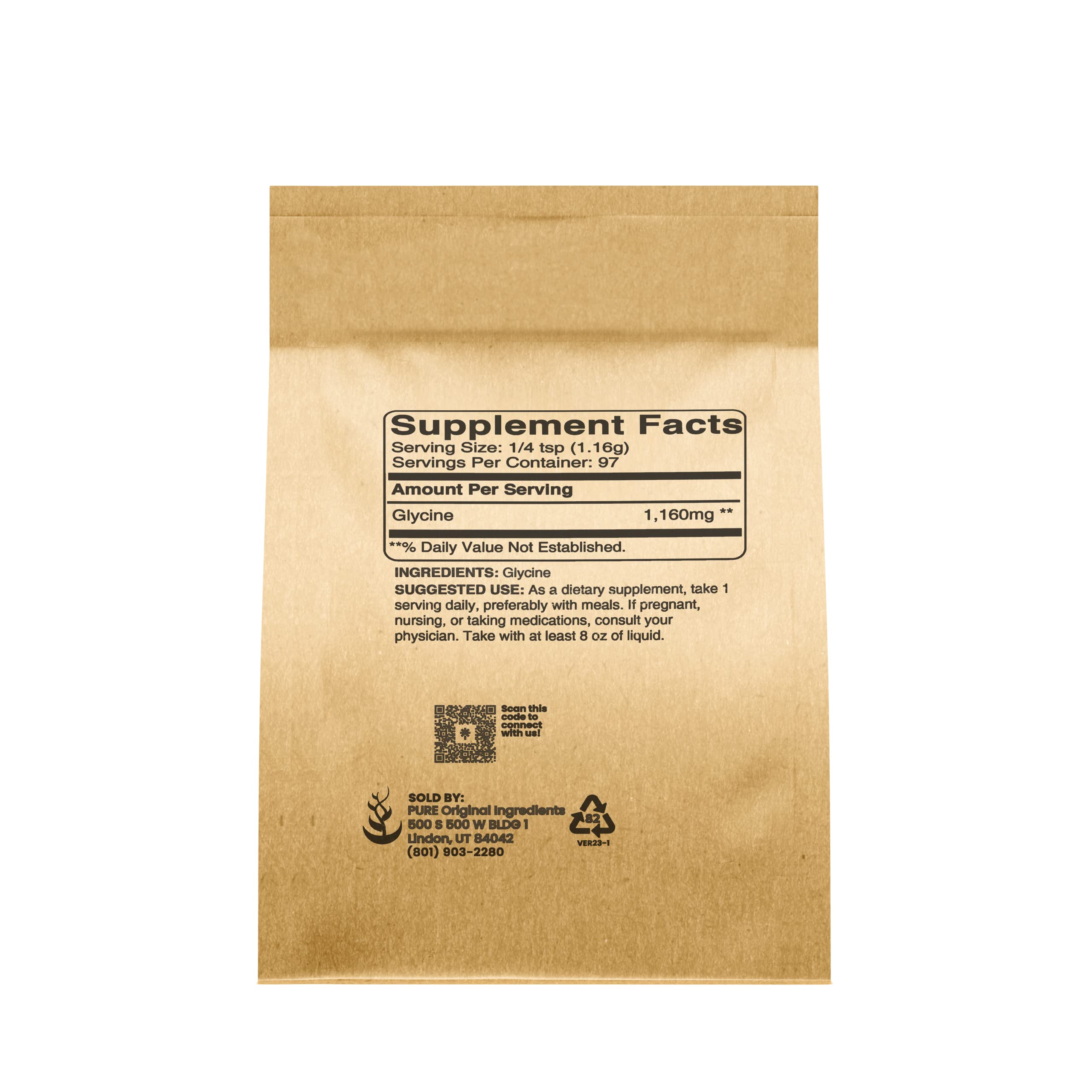 Polvo de glicina sin aditivos de PURE ORIGINAL INGREDIENTS para una mezcla limpia
