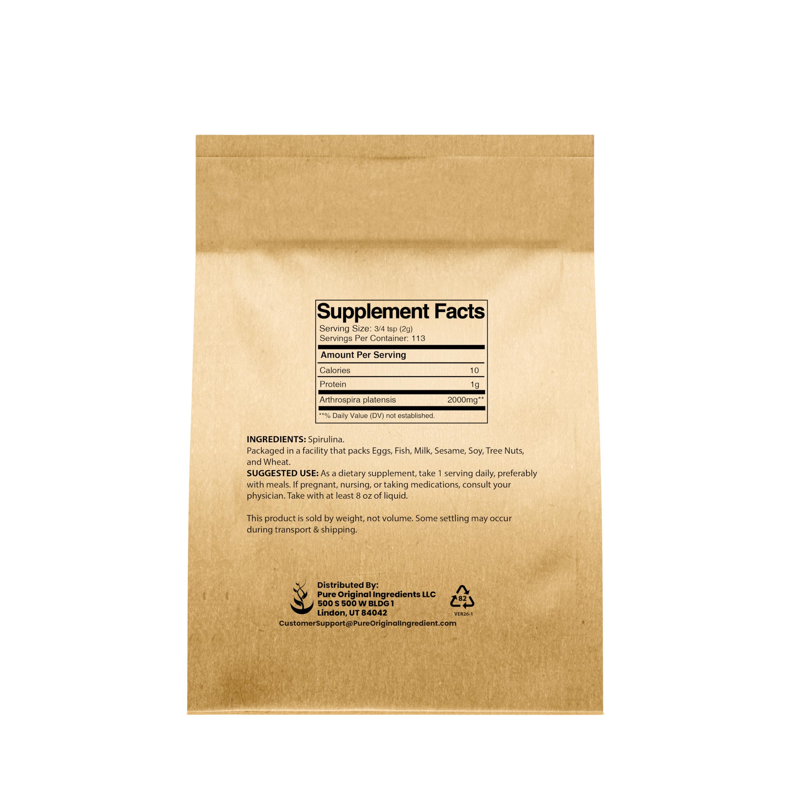 PURE ORIGINAL INGREDIENTS Spirulina polvo, cucharilla medidora lista para batidos