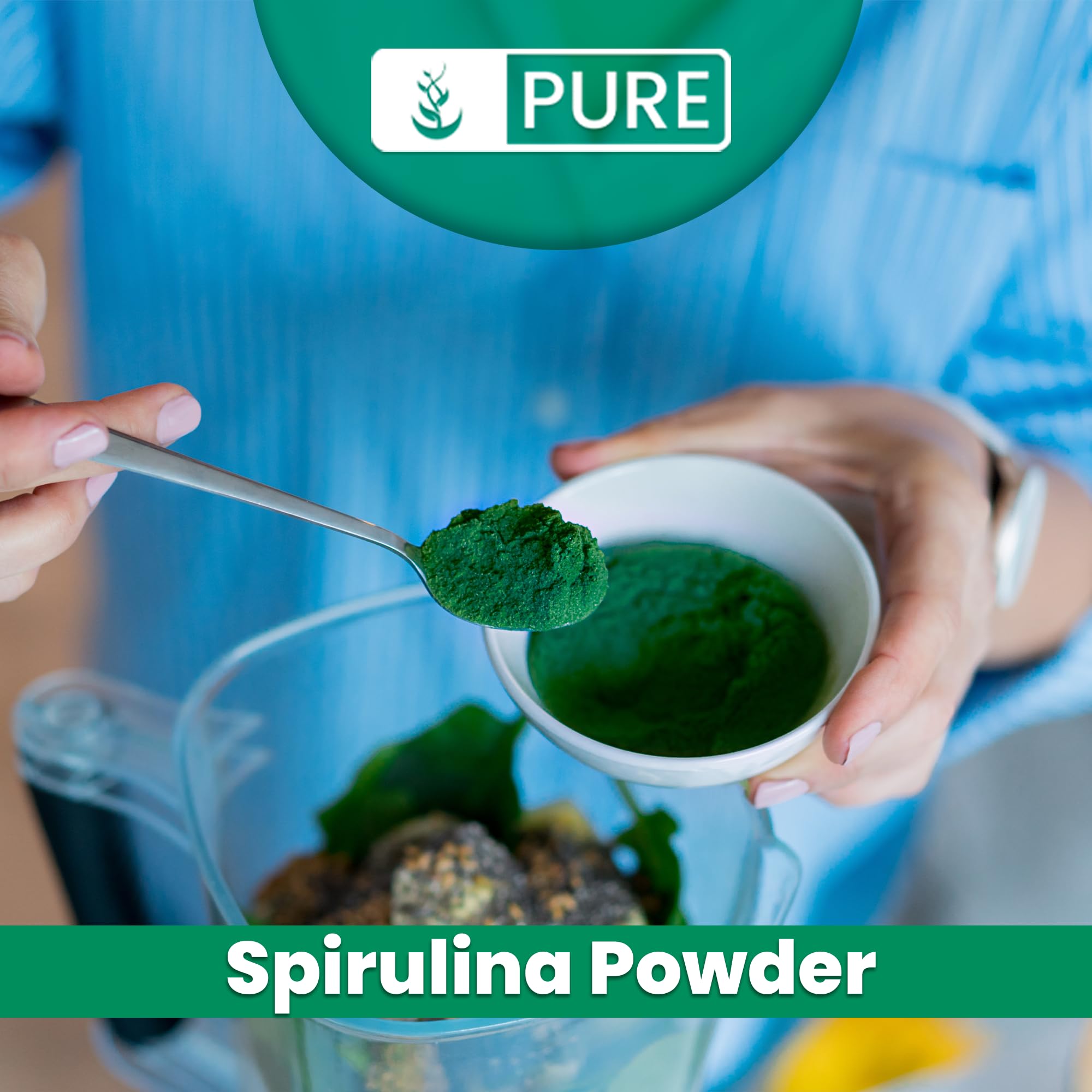 PURE ORIGINAL INGREDIENTS Spirulina polvo, etiqueta que resalta pureza y origen