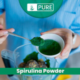 PURE ORIGINAL INGREDIENTS Spirulina polvo, etiqueta que resalta pureza y origen