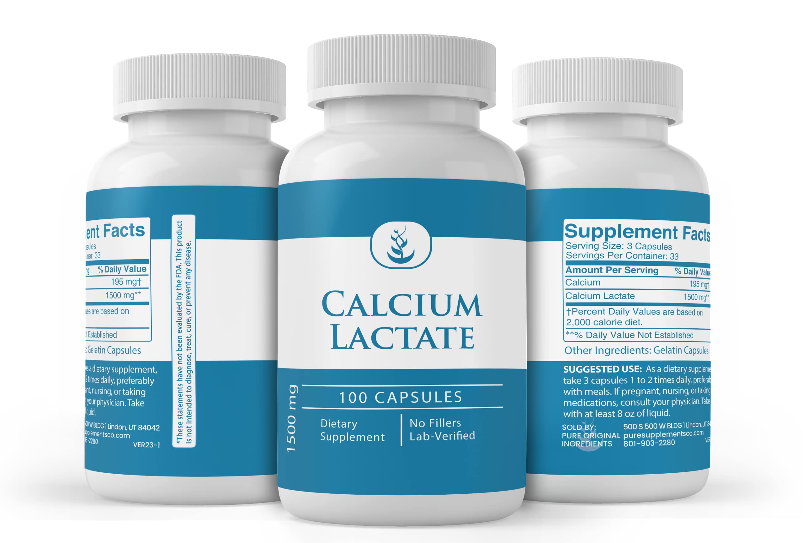 Pure Original Ingredients Lactato de Calcio cápsulas en mano para tamaño práctico.