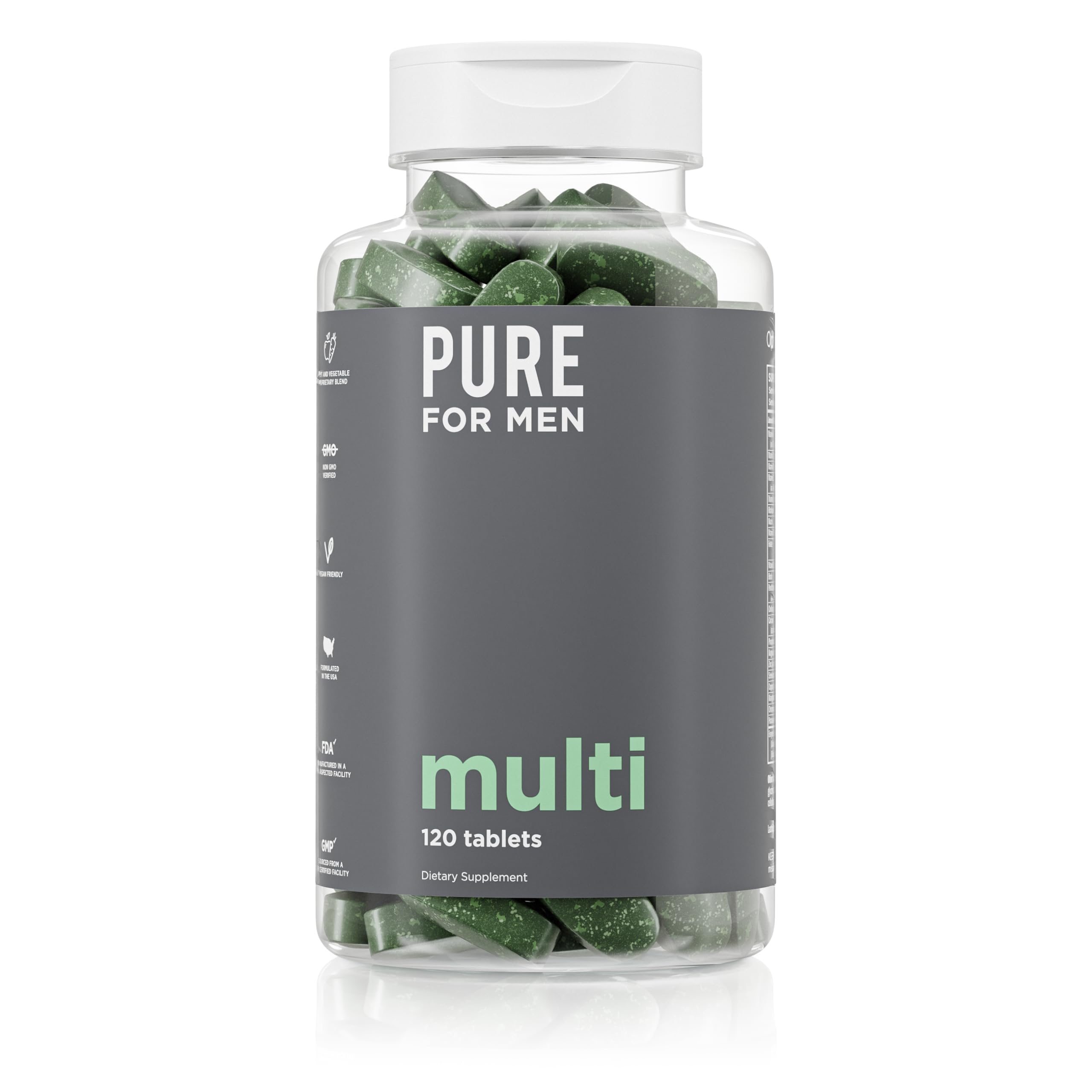 Pure for Men multivitamin botella, apoyo diario para energía y bienestar